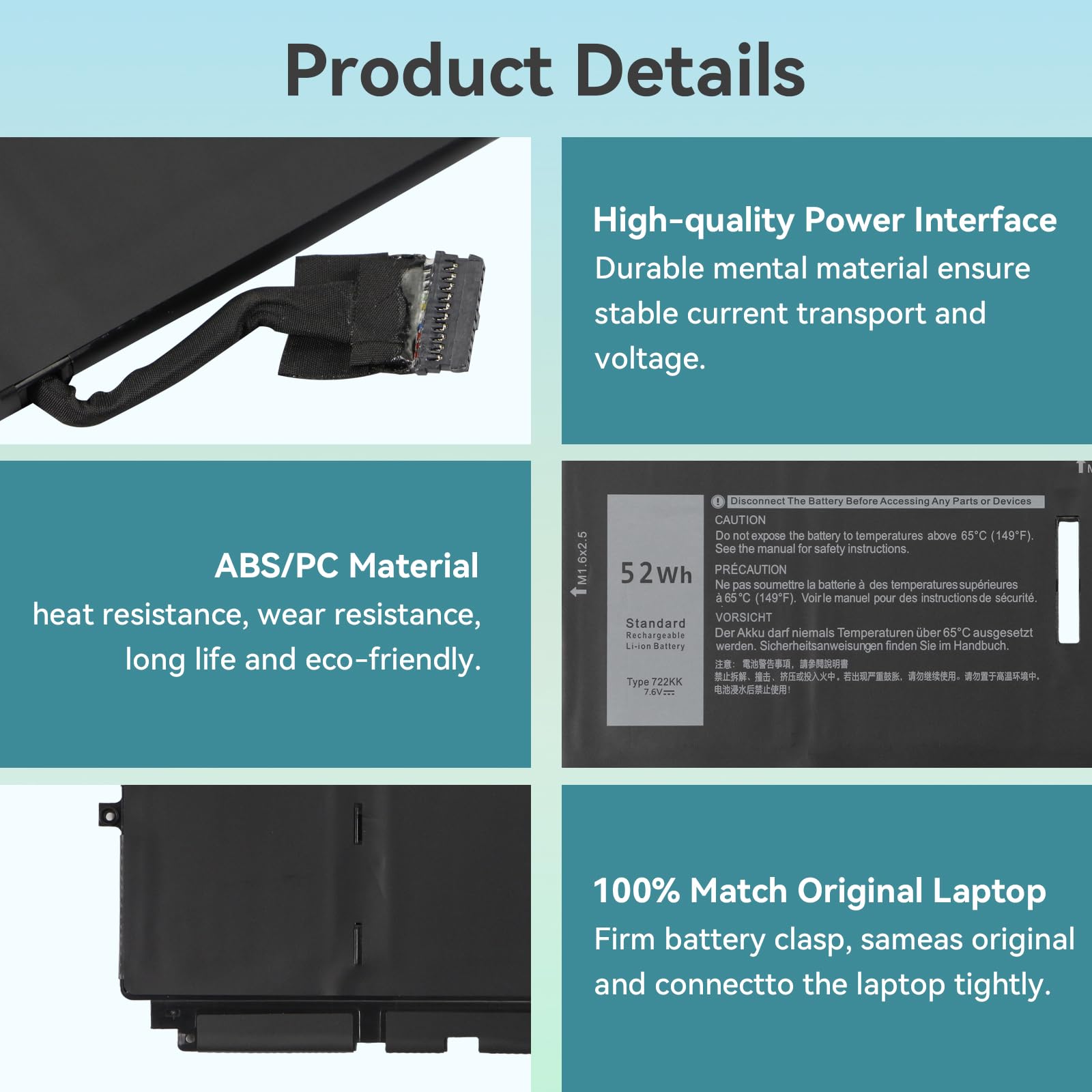KXRSII 52Wh 722KK Laptop Batería Para DELL XPS 13 9300(2020) XPS 13 9310( 2020) XPS 13 9380(2020) P117G P117G002 P117G001 Series 0WN0N0 WN0N0 02XXFW 2XXFW FP86V 7.6V 6800mAh