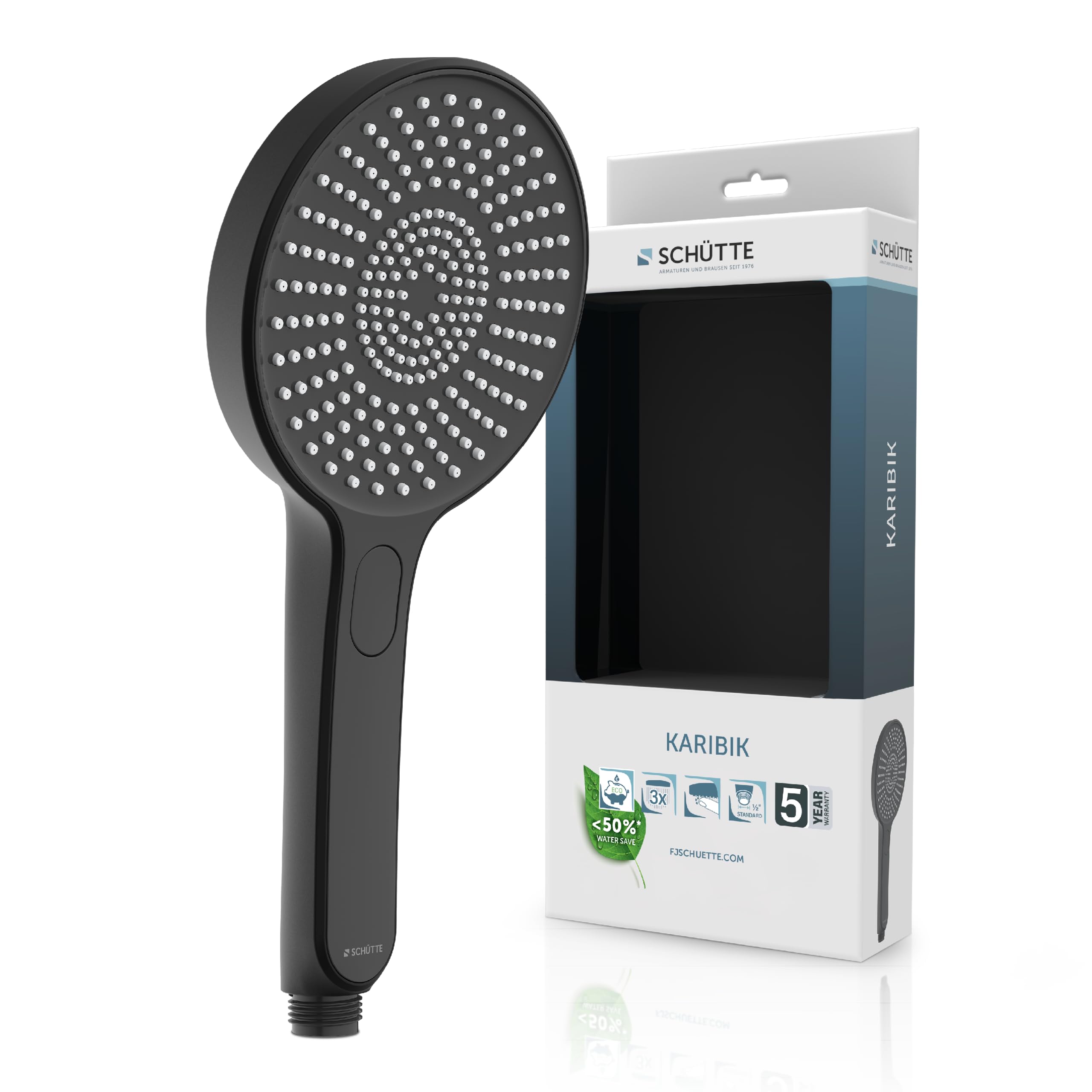 Pommeau de douche anti-calcaire SCHÜTTE avec bouton pression et 3 jets confort