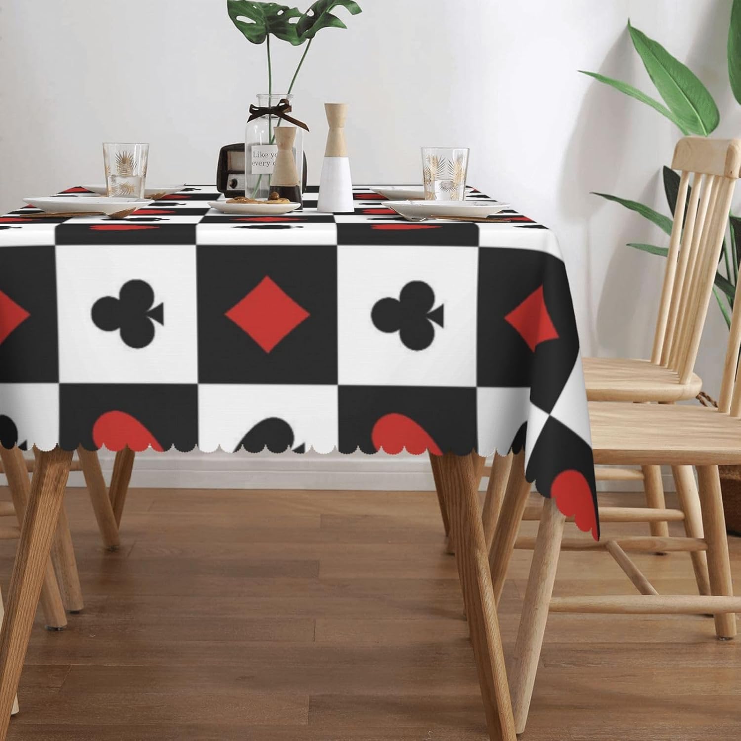 Playing Cards Rectangular Tablecloth, Card Pattern 54x72 Inch Wavy Lace Border Polyester Table Cloth for Dining, Kitchen, Parties