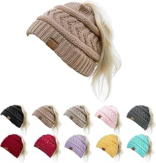 Pukavt 1&2 Pack Winter Hat Ponytail Beanie Hat for Women, Soft Stretch Cable Knit