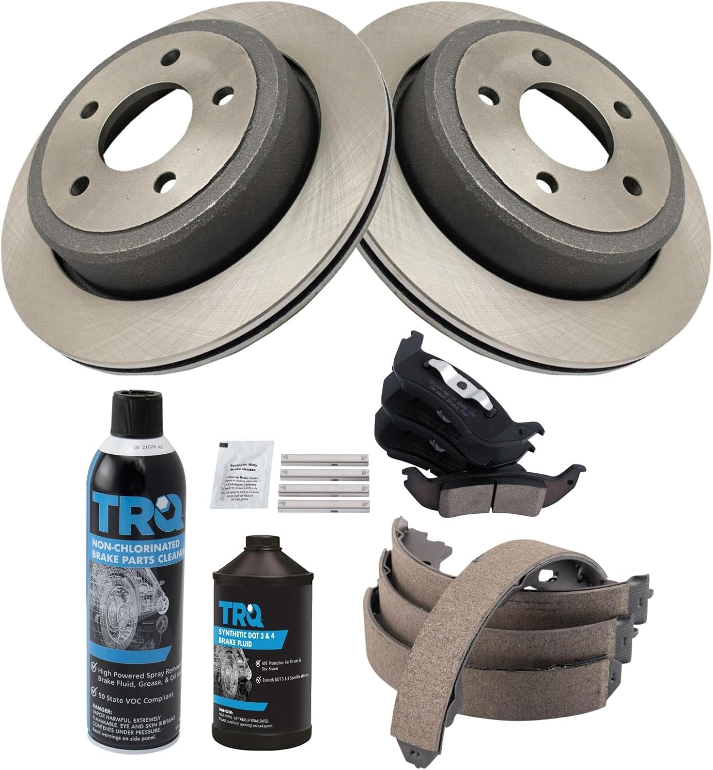 TRQ Rear Brake Pad & Rotor Kit Brake Chemical Kit Brake Pads Brake Rotor Parking Brake Shoe Set Ceramic Compatible with 2010-2011 Ford Ranger