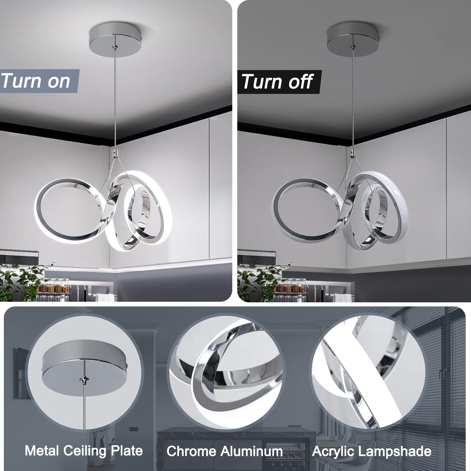 Vloitgol Modern Led Pendant Light Fixtures, 6000K Integrated LED Pendant Lights Kitchen Island, Adjustable Height Led Hanging Light Fixtures for Living Room Bedroom Dining Room Foyer Pendant Lighting