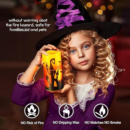 Miniatura 3 de Velas LED sin llama de Halloween, 3 unidades, decoración de Halloween, funciona con pilas, juego de 3 velas rústicas de pilar de cera real con
