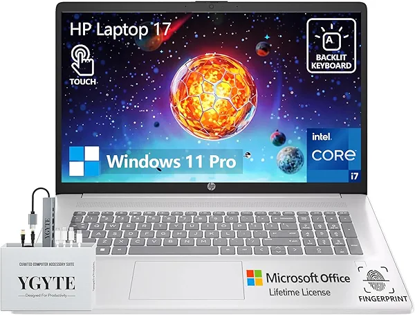 HP 17 Touchscreen Laptop Computer, 17.3” HD+ Touch Screen, 13th Gen Intel Core i7, 36GB RAM 2TB SSD, Windows 11 Pro, Lifetime Office, 10 Key Backlit Keyboard, Fingerprint