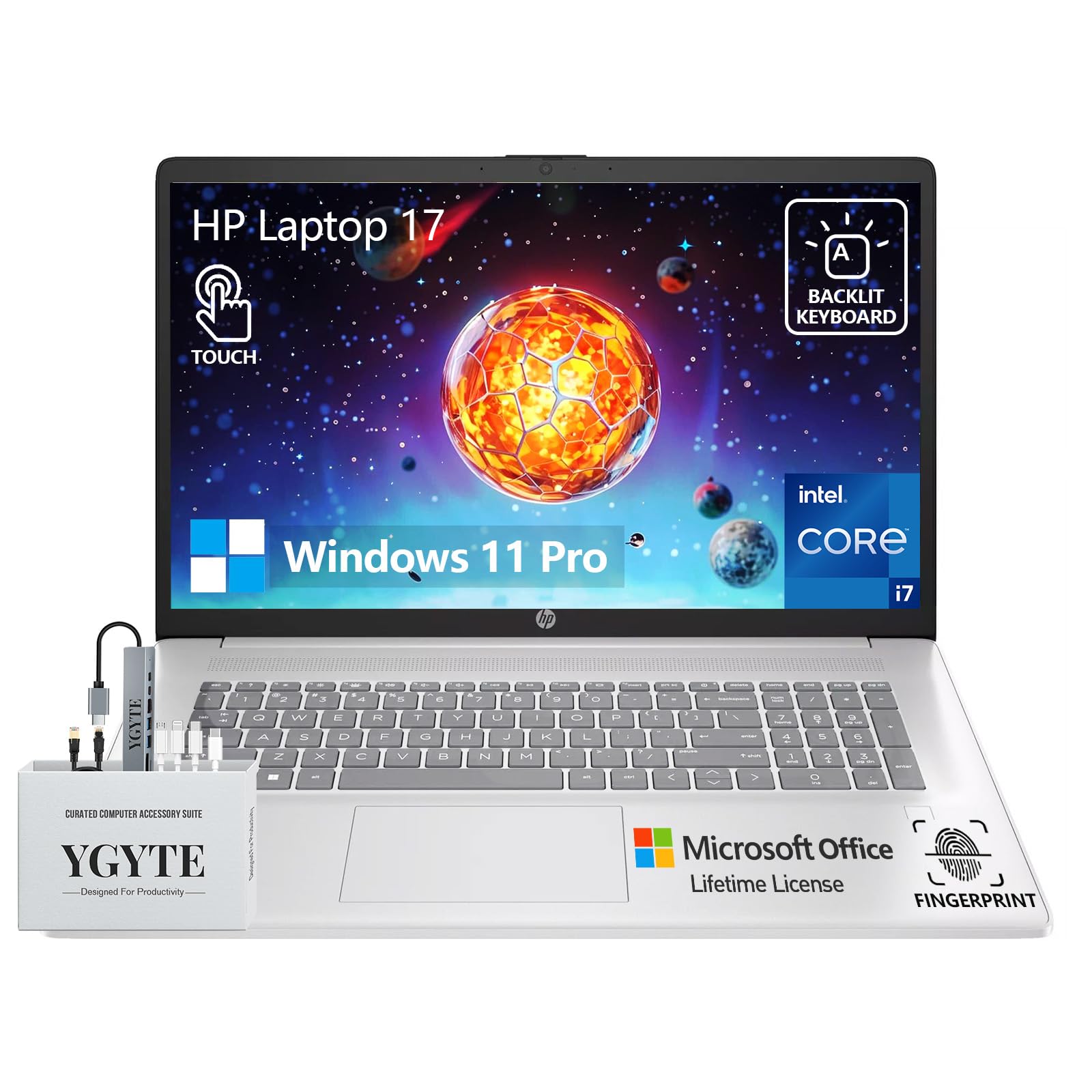 HP 17 Touchscreen Laptop Computer, 17.3” HD+ Touch Screen Laptop Notebook PC, Intel 10-Core i7, Windows 11 Pro | Lifetime Office | 10 Key Backlit |
