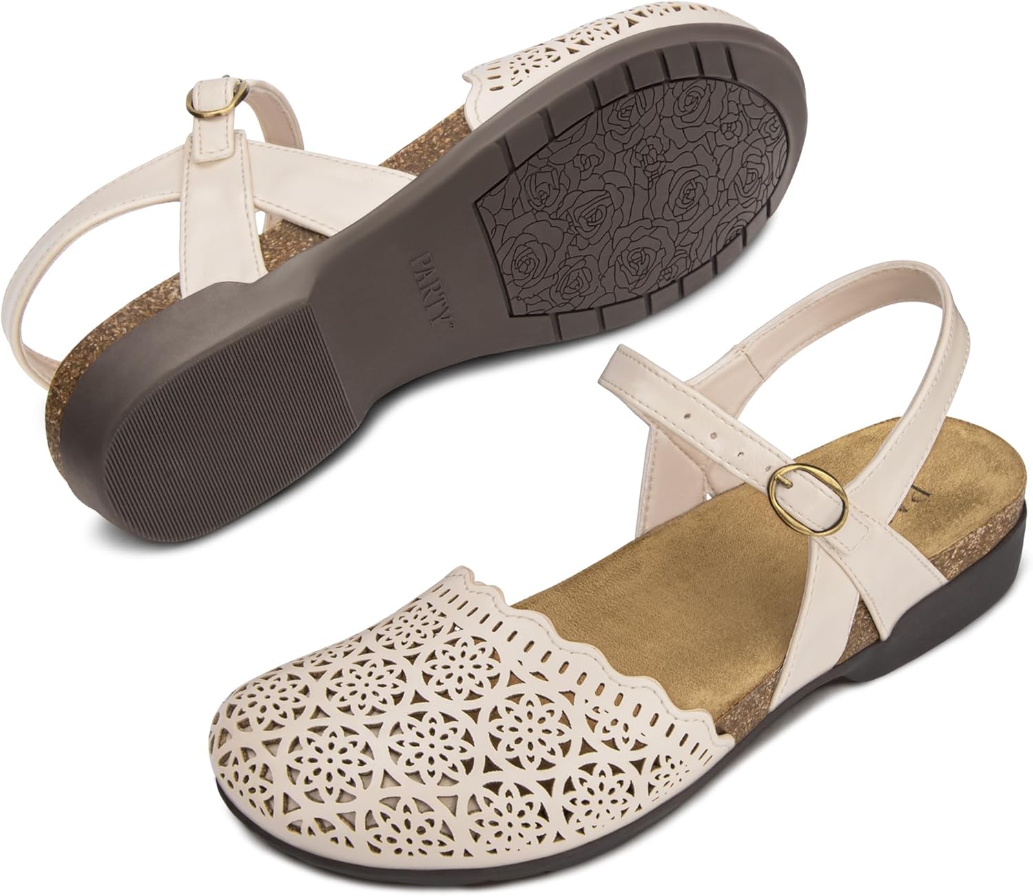 PARTY Closed Toe Sandals Women, Barefoot Arch Support Flat Sandals for Office Work and Travel with Comfortable Cork Footbed