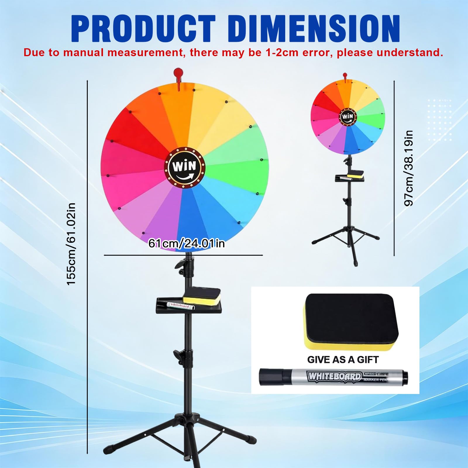 Glücksrad zum Drehen 61 cm, Höhenverstellbar 100 bis 160 cm Beschreibbar und Abwischbar mit Stift Tafelwischer und Ablage Abnehmbares Glücksrad für Gewinnspiele Verlosungen Events und Partys