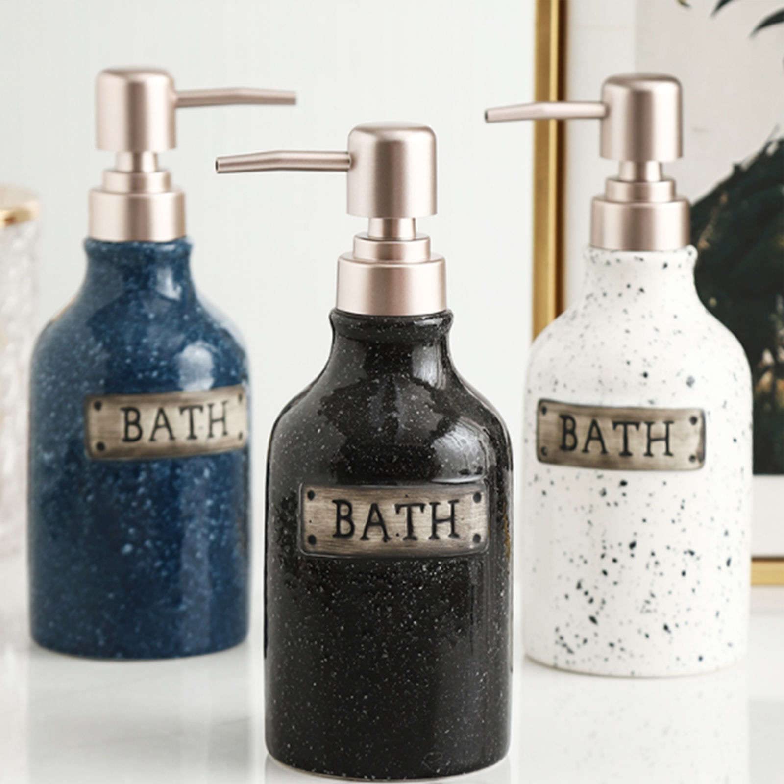 Dispensador de jabón, dispensador loción cerámica, Manos, encimera tocador baño rellenable, Blanco, 400 ml/14 oz