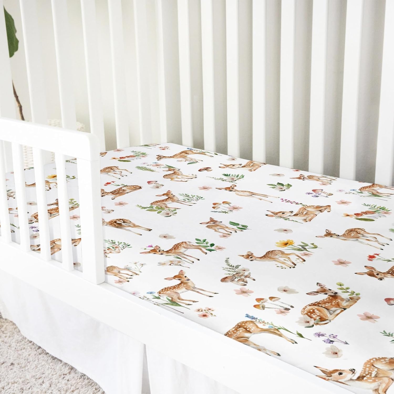 Spring Animal Baby Crib Mattress Sheet 52''x28'' Deer Mushroom Flowers Leaves Forest Stretchy Fitted Crib Mattress Cover for Boy Girl Soft Bed Sheets for Standard Crib and Toddler Mattresses