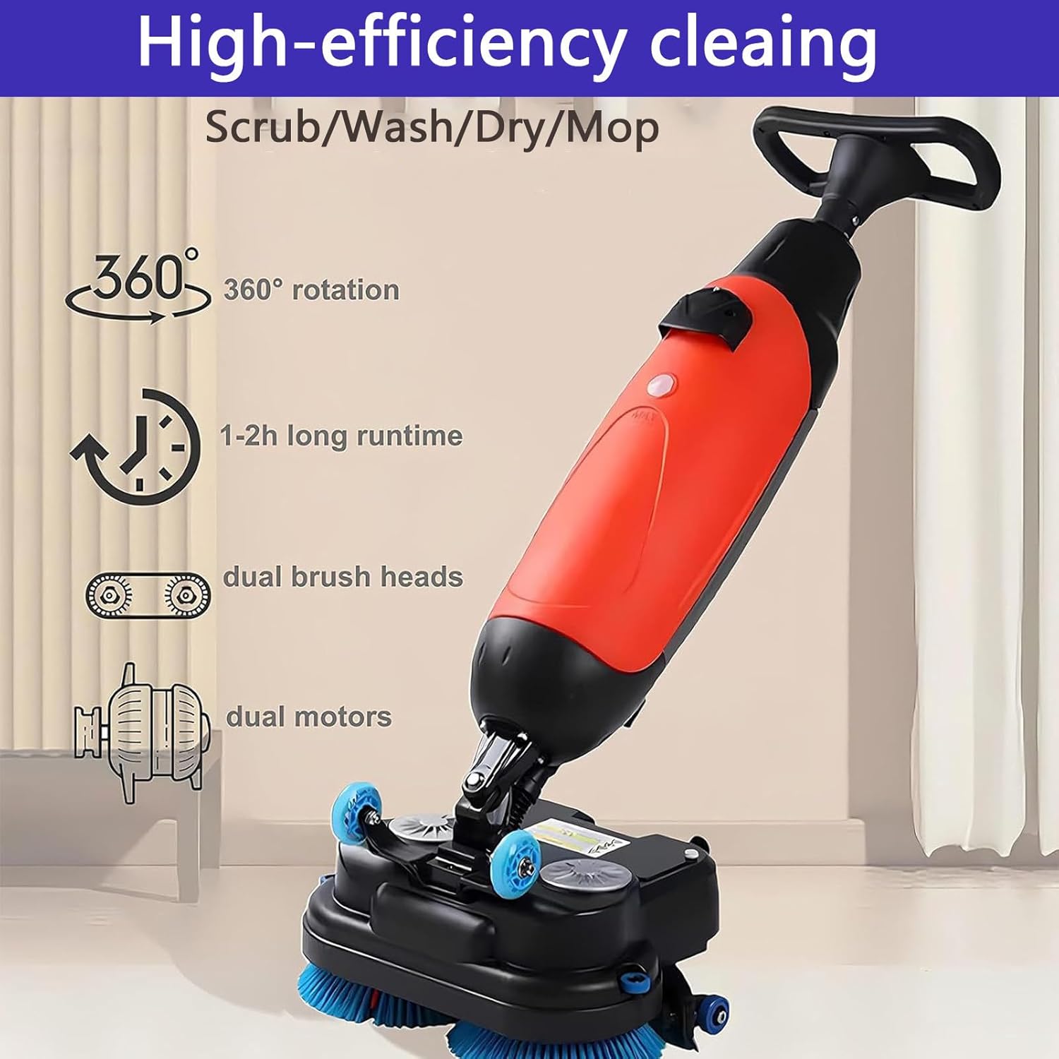 Commercial Walk Behind Floor Scrubber,Floor Buffer Machine,17” Path,Cordless Operations,Double Brushes and 360° Swivel Head 4.5L + 7.5L Dual Tanks for Large Area Cleaning Grey