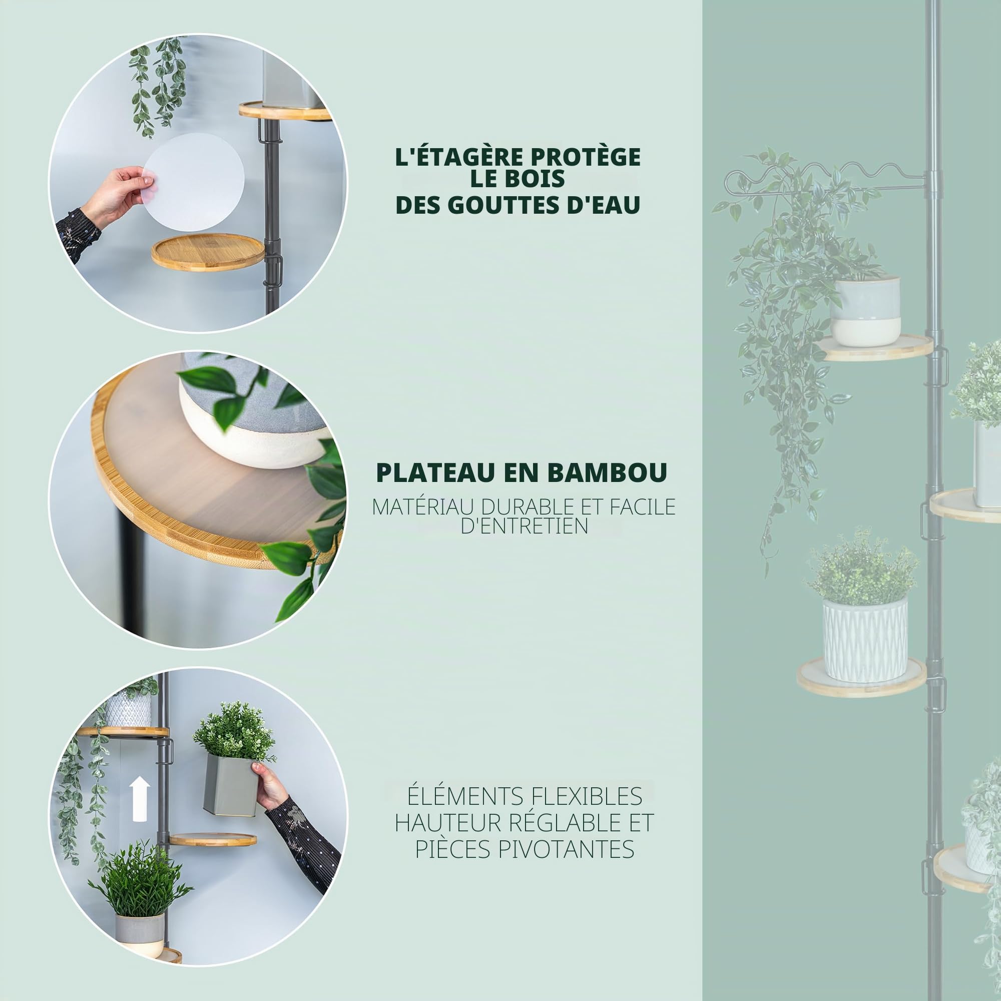 bremermann Étagère à fleurs télescopique avec 4 étagères et aide à l'escalade, adaptée à une utilisation dans le salon ou la cuisine - avec une hauteur d'installation de 140 à 290 cm, gris