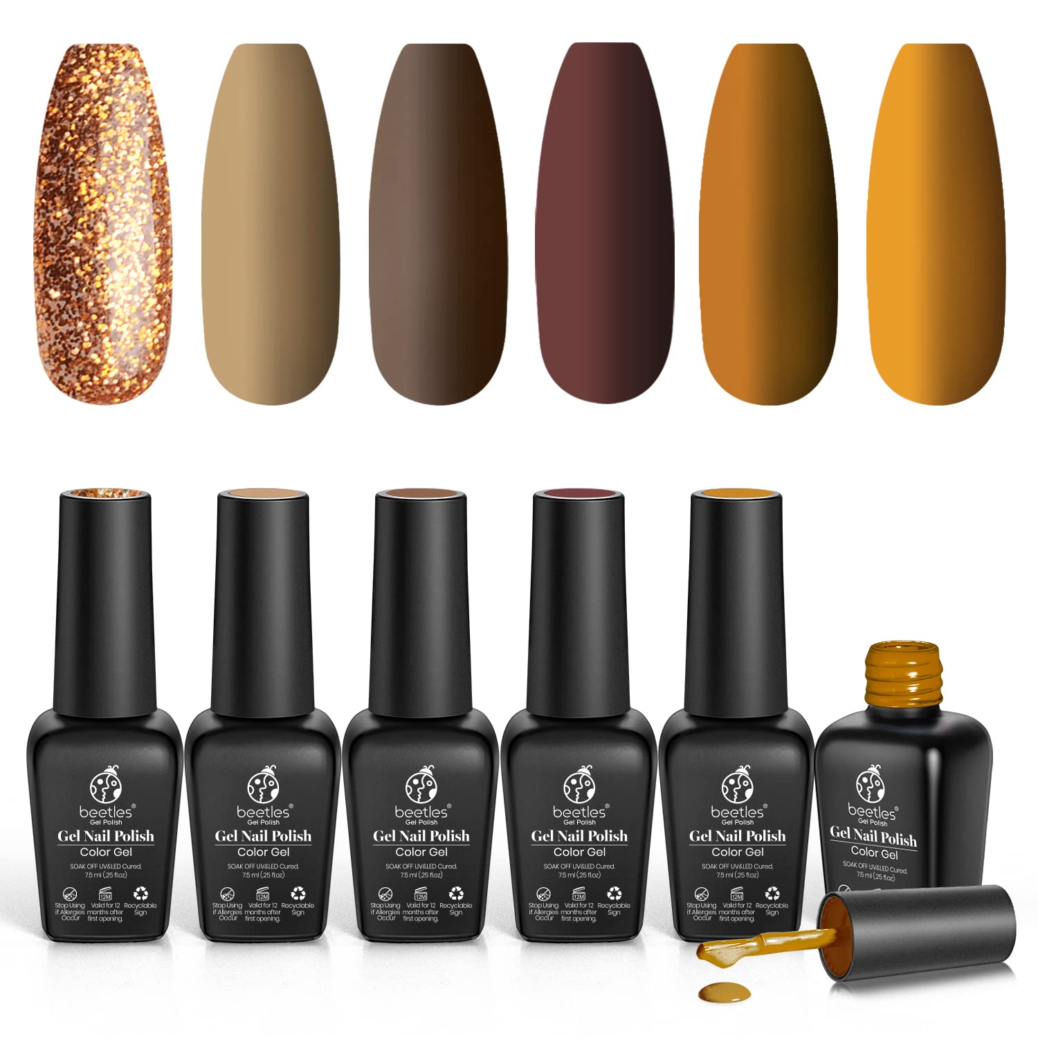Beetles Gel Nail Polish Set, Caramel Colors Series Brown Yellow Nail Gel Gold Glitter Gel Polish Fall Winter Gel Nail Kit Soak Off Nail Lamp LED Cured Nail Art Decoration Gifts for Women