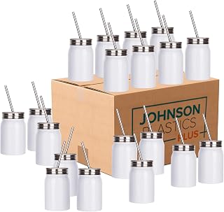 Johnson Plastics Plus JPPlus 17oz Sublimation Drinking Jar Cup Drinkware. Stainless Steel Jars with Lids and Straws. Perfect for Smoothies (White no Handle (Case of 25))