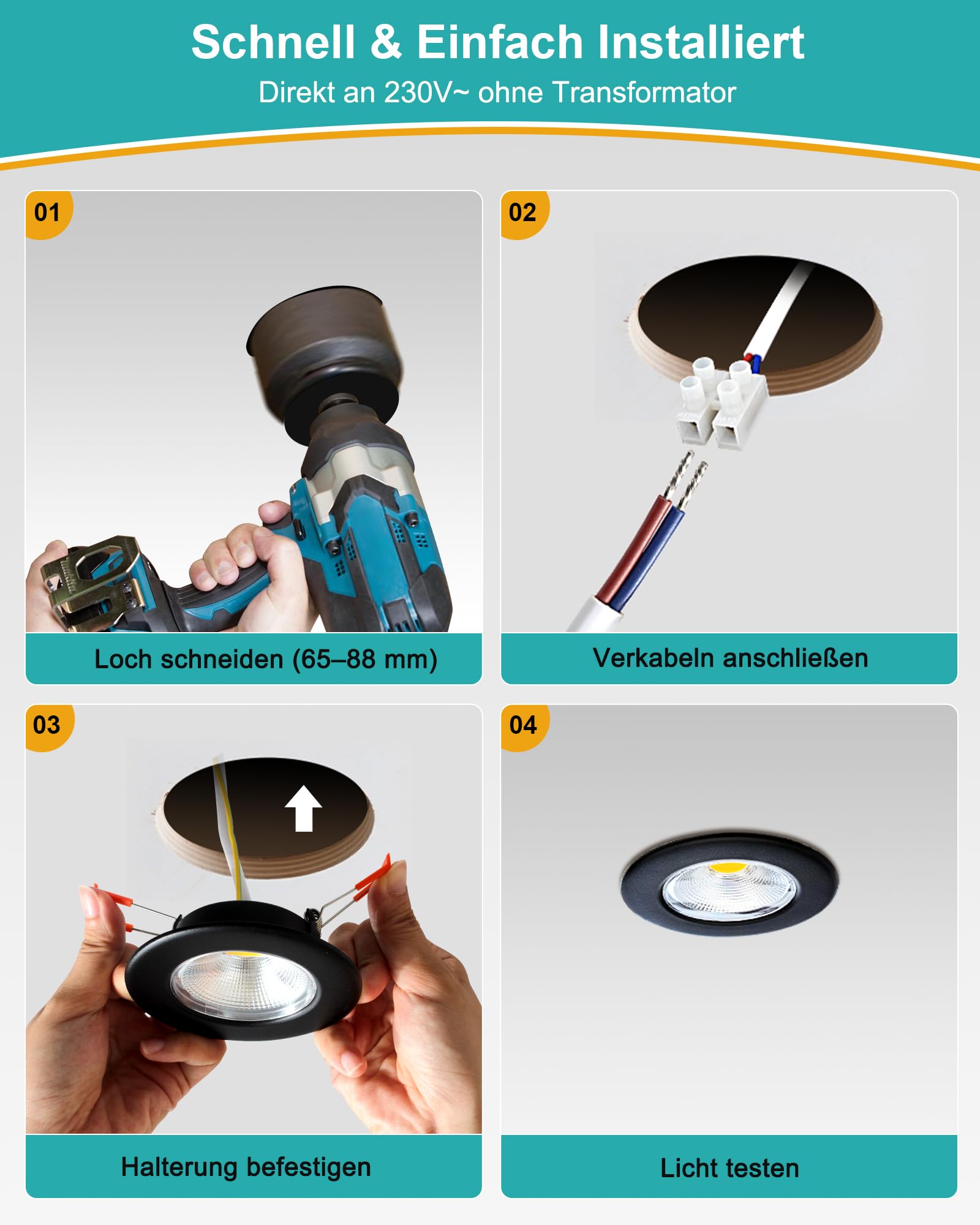 HiBay 8er Einbaustrahler LED COB Dimmbar 7W LED Spot Schwarz Matt 65-85mm Lochmaß Deckenspots Warmweiß 3000K 600LM für Schlafzimmer Wohnzimmer Küche