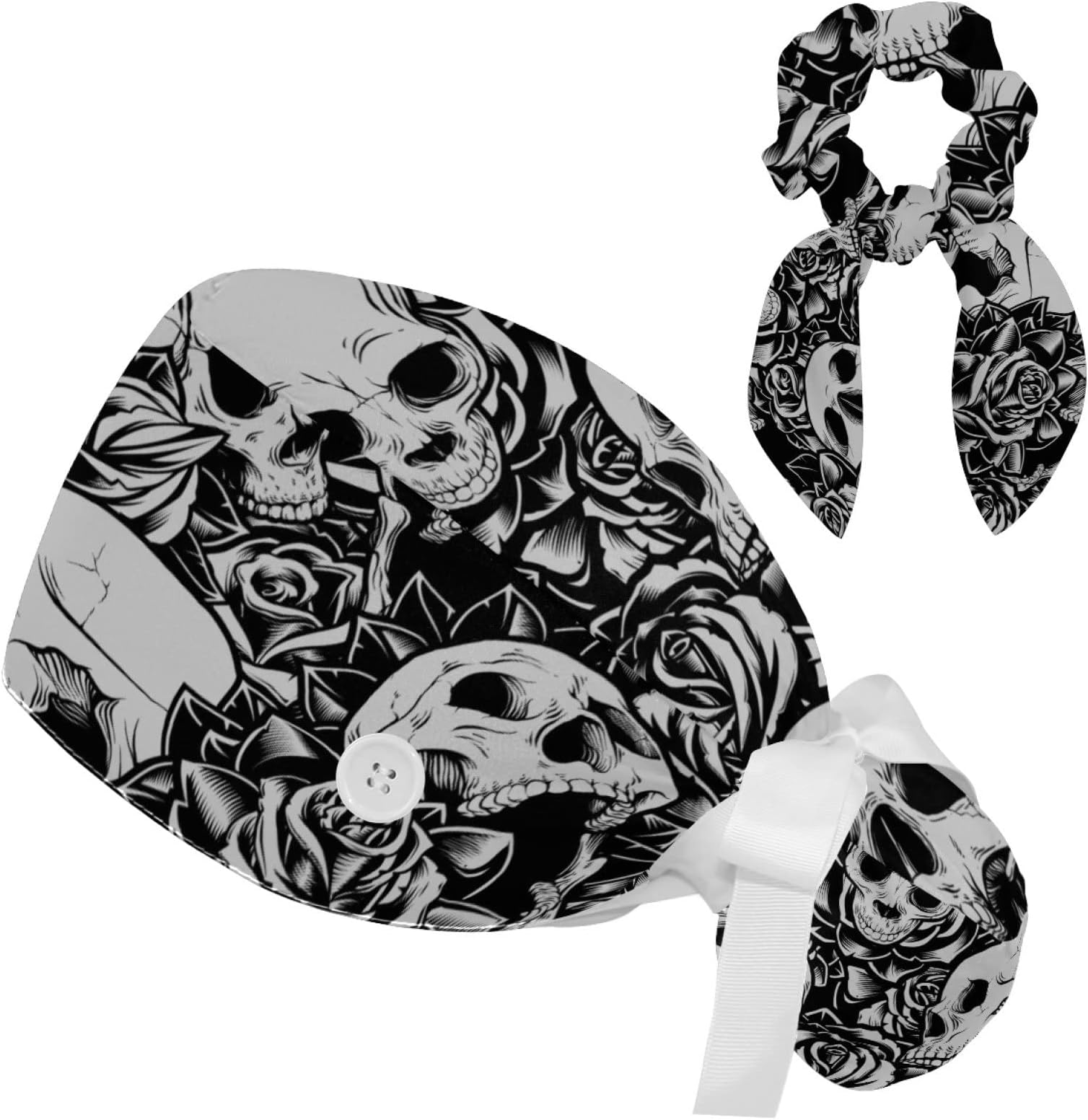 DHH166Bouffant Scrub Caps Women with Buttons Sweatband and Hairband Nurse Caps for Women, Halloween Skulls Print