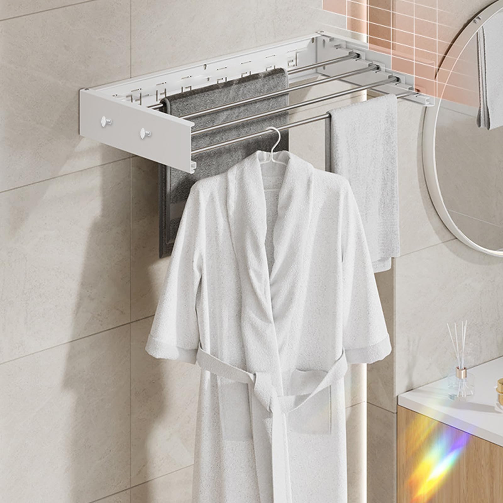 Séchoir à linge pliable pour montage mural, capacité de charge de 25 kg, peu encombrant, idéal pour la salle de bain, le balcon et les petits appartements, installation facile (5 barres de