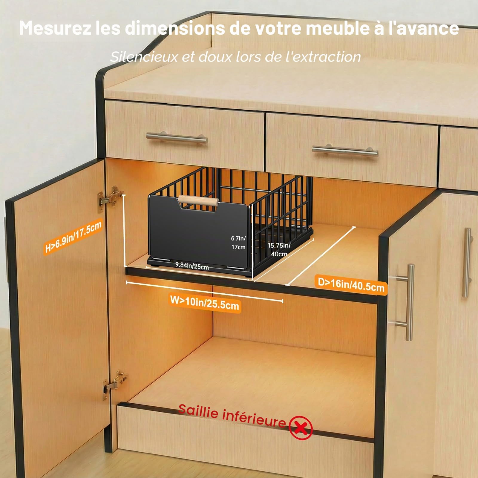 2 pièces tiroir coulissant cuisine, Organiseur de tiroirs profonds avec glissières de tiroir et poignée en bois, Télescopique à tirer en métal pour armoires de cuisine Organiseur - 40x25×18CM