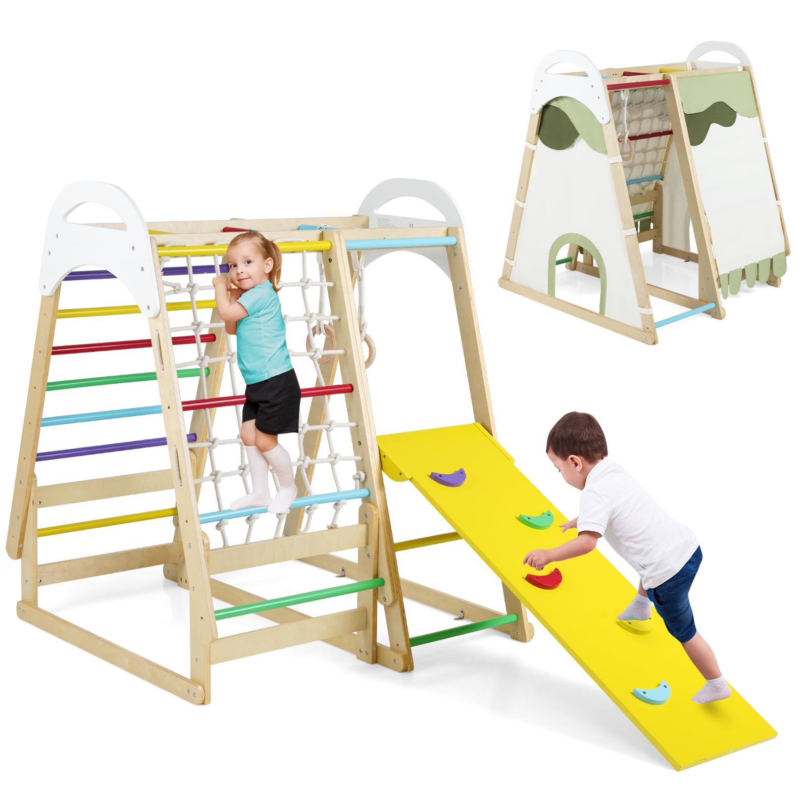 COSTWAY Kids Climbing Frame, Wooden Playground Jungle Gym with Slide, Climbing Net/Ladder, Monkey Bars and Gymnastic Rings, Indoor Climber Playset for Toddlers (Multicolor)