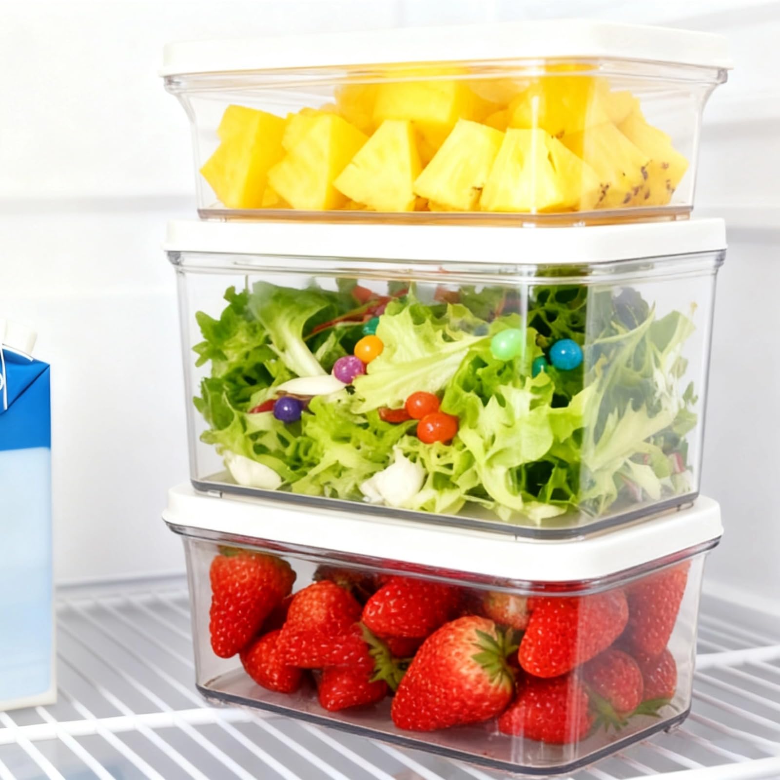 3 Stk. große Lebensmittel-Aufbewahrungsbehälter, quadratische luftdichte Aufbewahrungsboxen, 850/1300/1800 ml, transparentes AS, für Obst, Gemüse, Meal Prep, Kühlschrank und Vorrat zu Hause