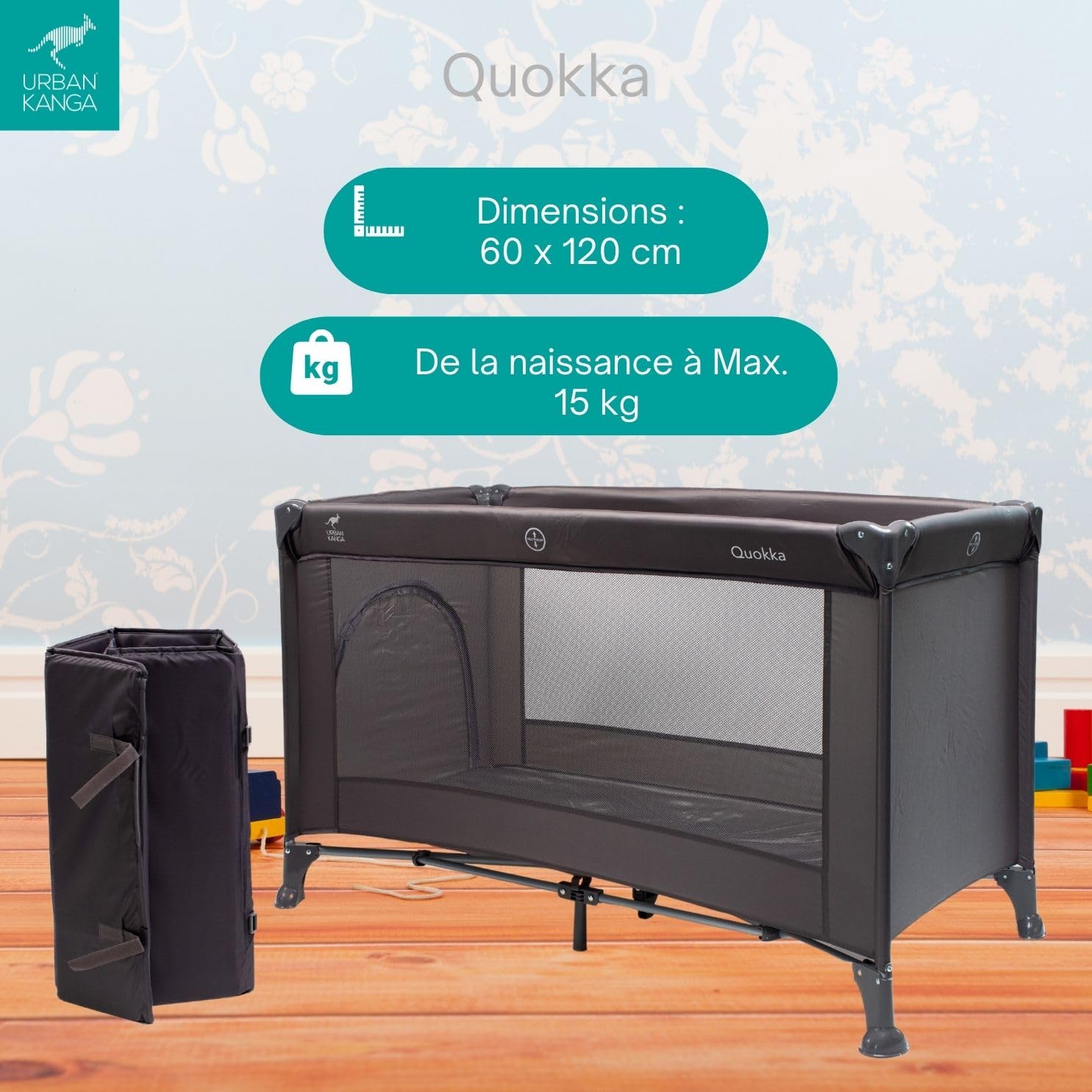 Urban Kanga QK Lit Parapluie Bebe avec Matelas Lit de Voyage 60x120cm (QK, Gris)