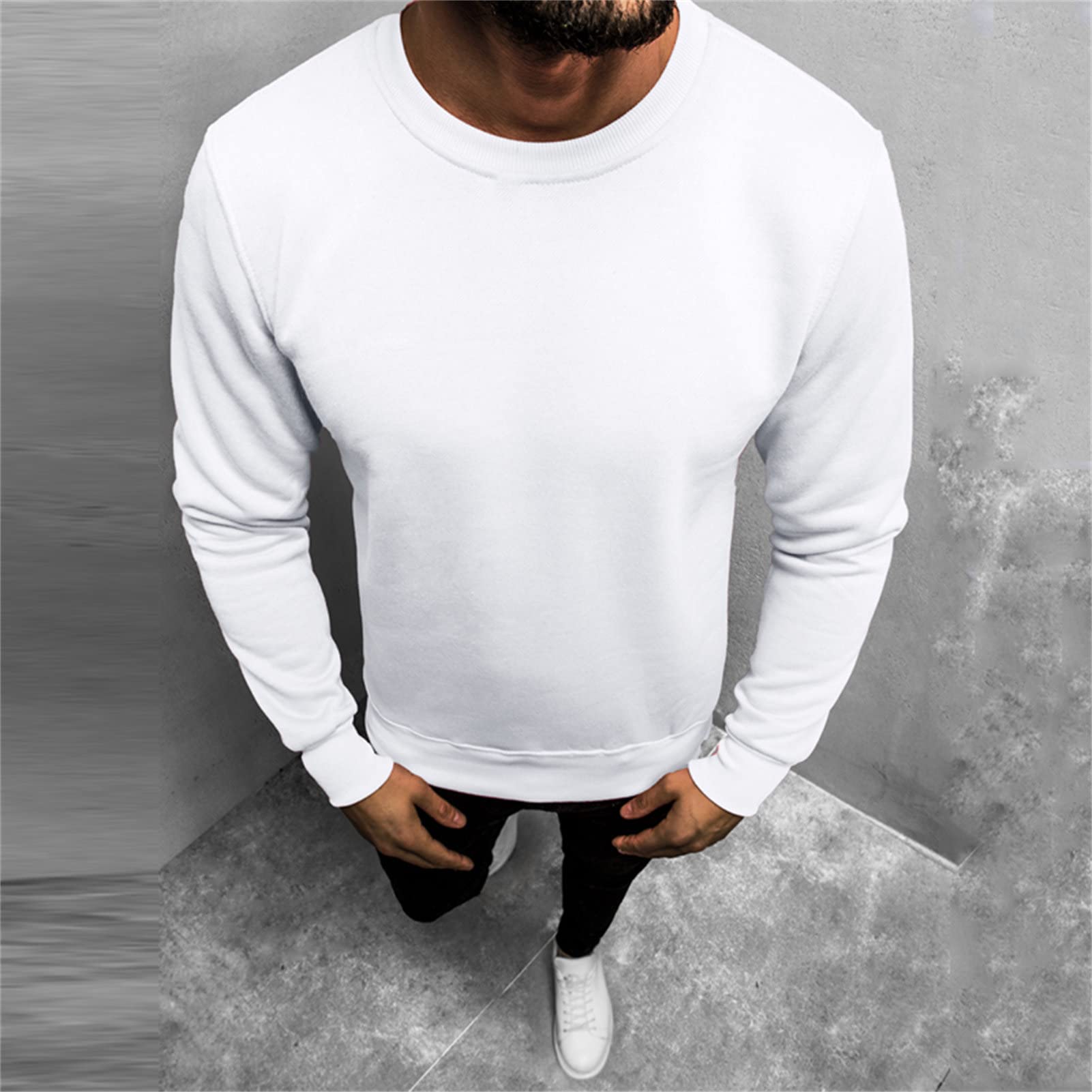 Maiyifu-GJ Men's Casual Long Sleeve Crewneck Sweatshirt Long Sleeve Solid Color Pullover Lightweight Round Neck Shirt Tops (White,Medium)
