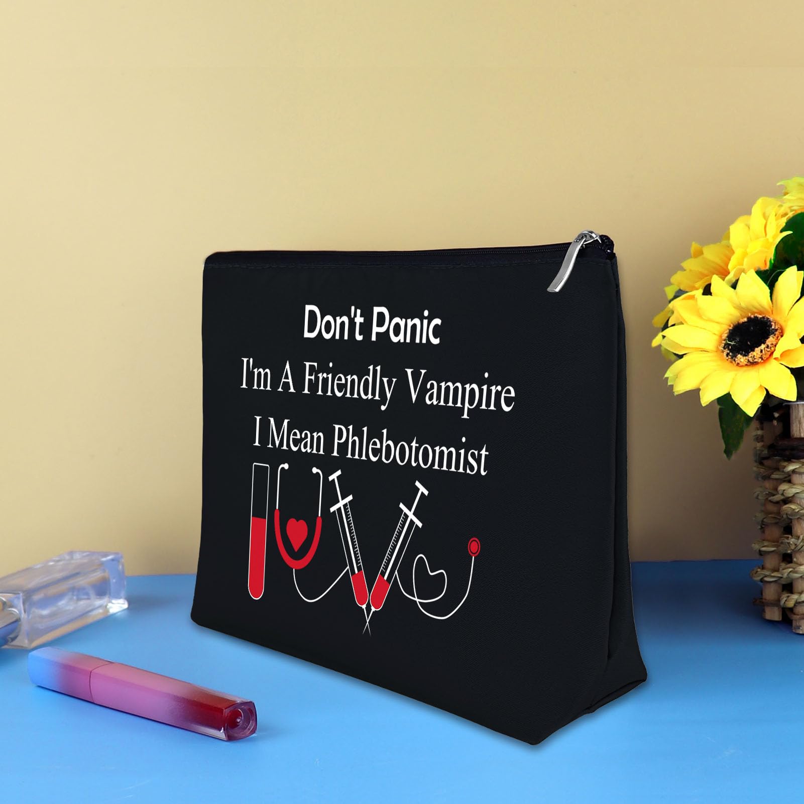 Phlebotomist Gifts for Women Makeup Bag Funny Nurses Phlebotomy Technician Graduation Gifts Black Cosmetic Bag Phlebotomist Appreciation Present Nurses Day Birthday Present Travel Zipper Pouch