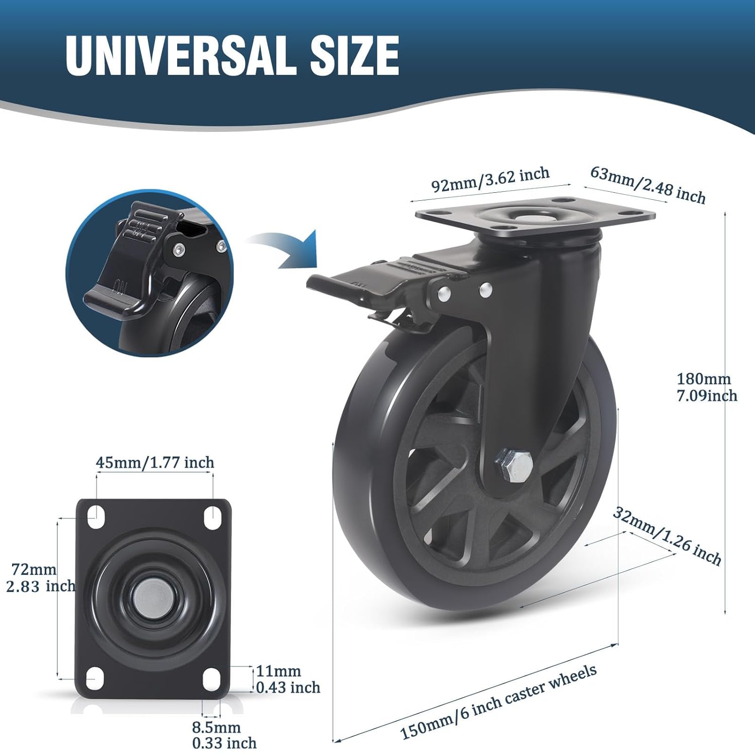 6 Inch Caster Wheels 3000lbs,Heavy Duty Casters Set of 4 with Brake, No Noise Polyurethane Swivel Caster Wheels for Cart,Furniture,Workbench(Free Screws & Spanners)