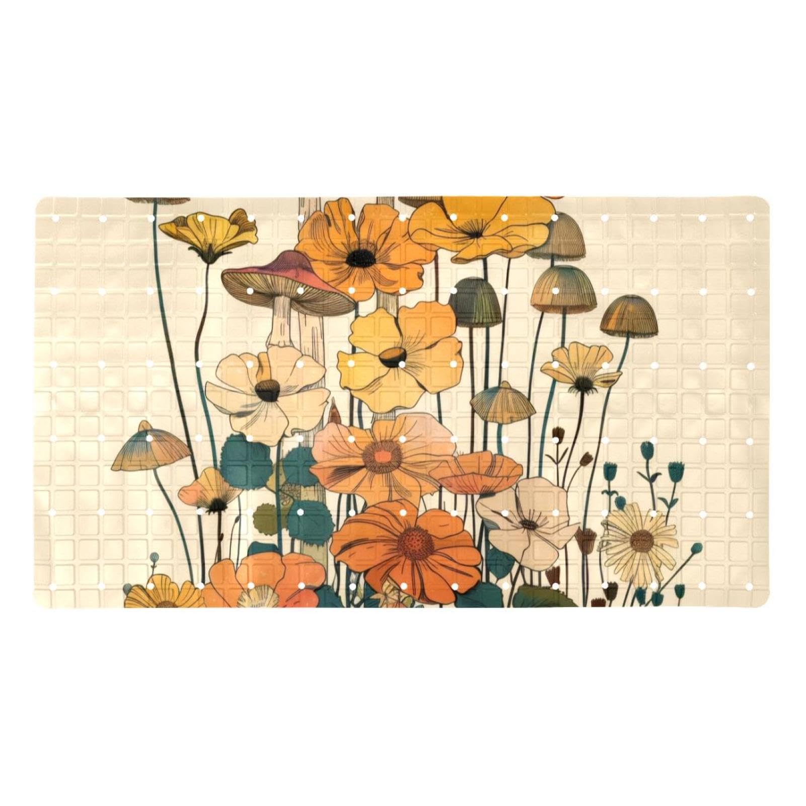 Rutschfeste Badematten für Badezimmer, rechteckig, maschinenwaschbar, 40 x 70 cm, Motiv: Pilz, Vintage-Stil, Beige / Bunt
