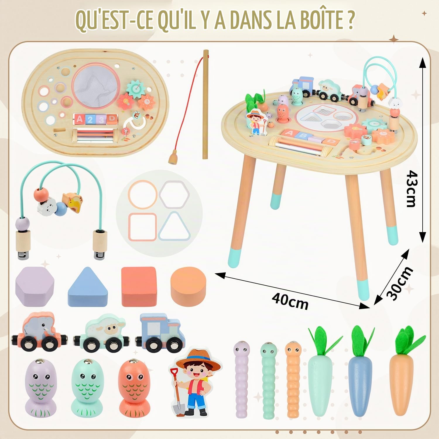 10-en-1 Table D'activités Bébé, Jouets en Bois Montessori 1 2 3 Ans | Jouet Éducatif Sensoriel avec Jeu de Pêche, Trieur de Formes, Jeux de Motricité, Cadeau Anniversaire Noël Fille Garçon