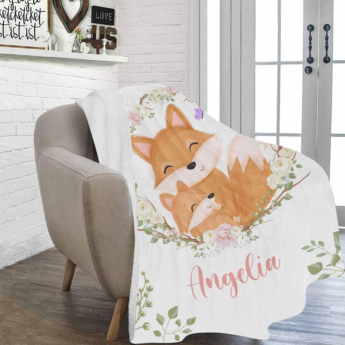 Custom Blankets for Baby Boy Girl with Name - Personalized Baby Blanket with Woodland Animals Fox Design for Kid - Cute Throw Blanket - Customized Swadding Blanket for Toddler Super Soft 50"x60"