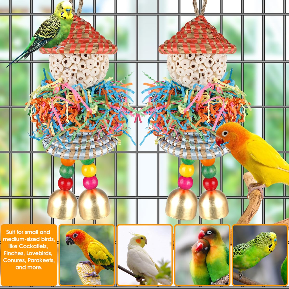 2PCS Bird Toys Parrot Foraging Shredder Hanging Toys Sola Balls with Bell for Small Parrots Parakeets Cockatiel Conures Love Birds Budgie Cage Toy - image 2