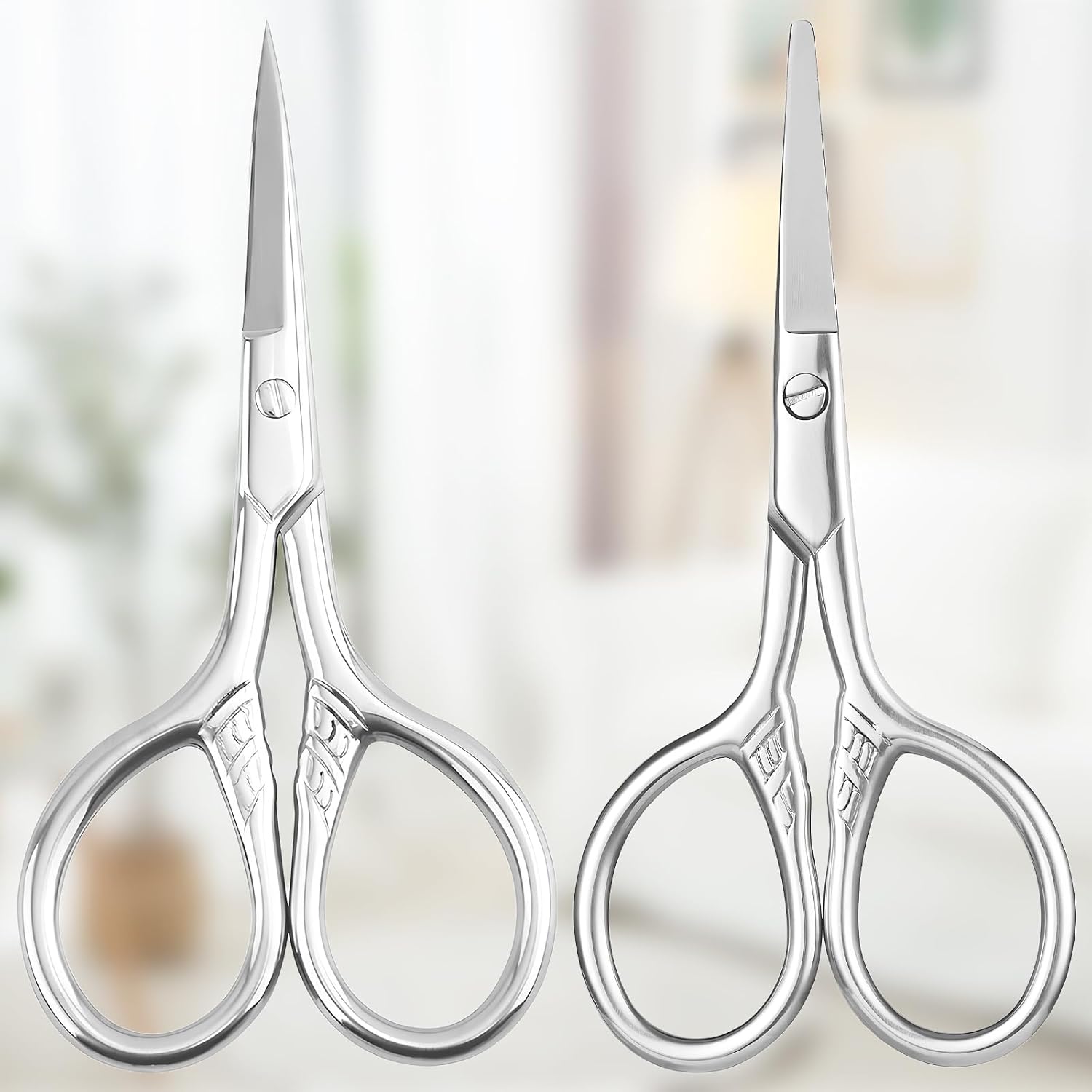 2Pcs Men’s Facial Hair Scissors – Eyebrow & Nose, Mustache & Beard, Eyelash & Ear Trimming Kit – Safety Tip with Curved & Rounded Tips