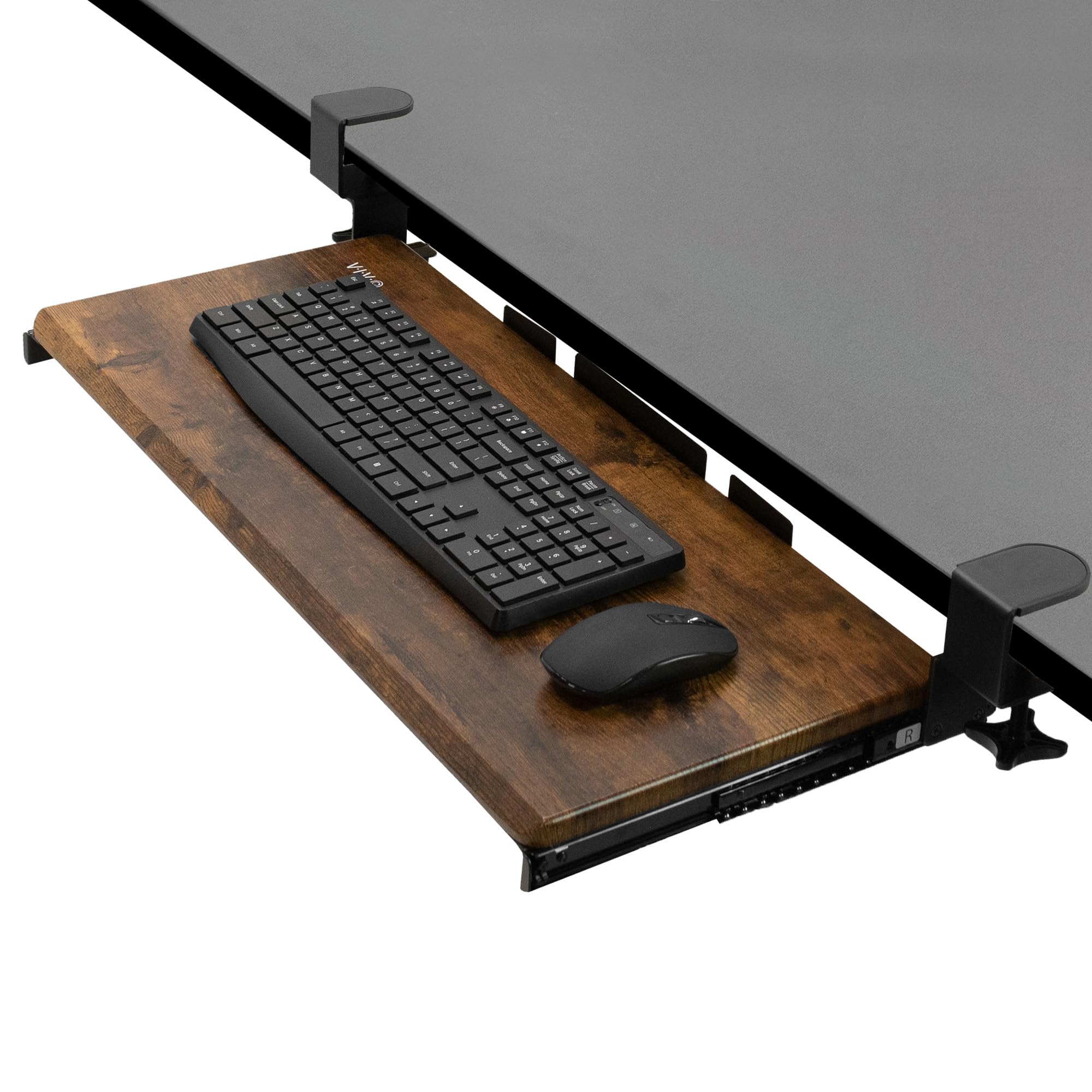 VIVO Halterung für Computer-Tastatur und Maus unter dem Schreibtisch, 68 cm (33 inkl. Klemmen) x 27,9 cm ausziehbare Plattformschublade, rustikales braunes Vintage-Tablett, schwarzer Rahmen,