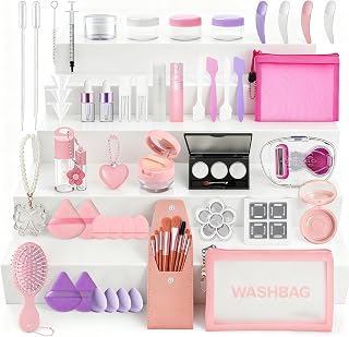57Pcs Travel Size Containers with Travel Makeup Brush Set Empty Mini Makeup Accessories Powder Puffs and Sponge Set Razor Comb with Storage Bag Skincare Essential Birthday Gifts for Women
