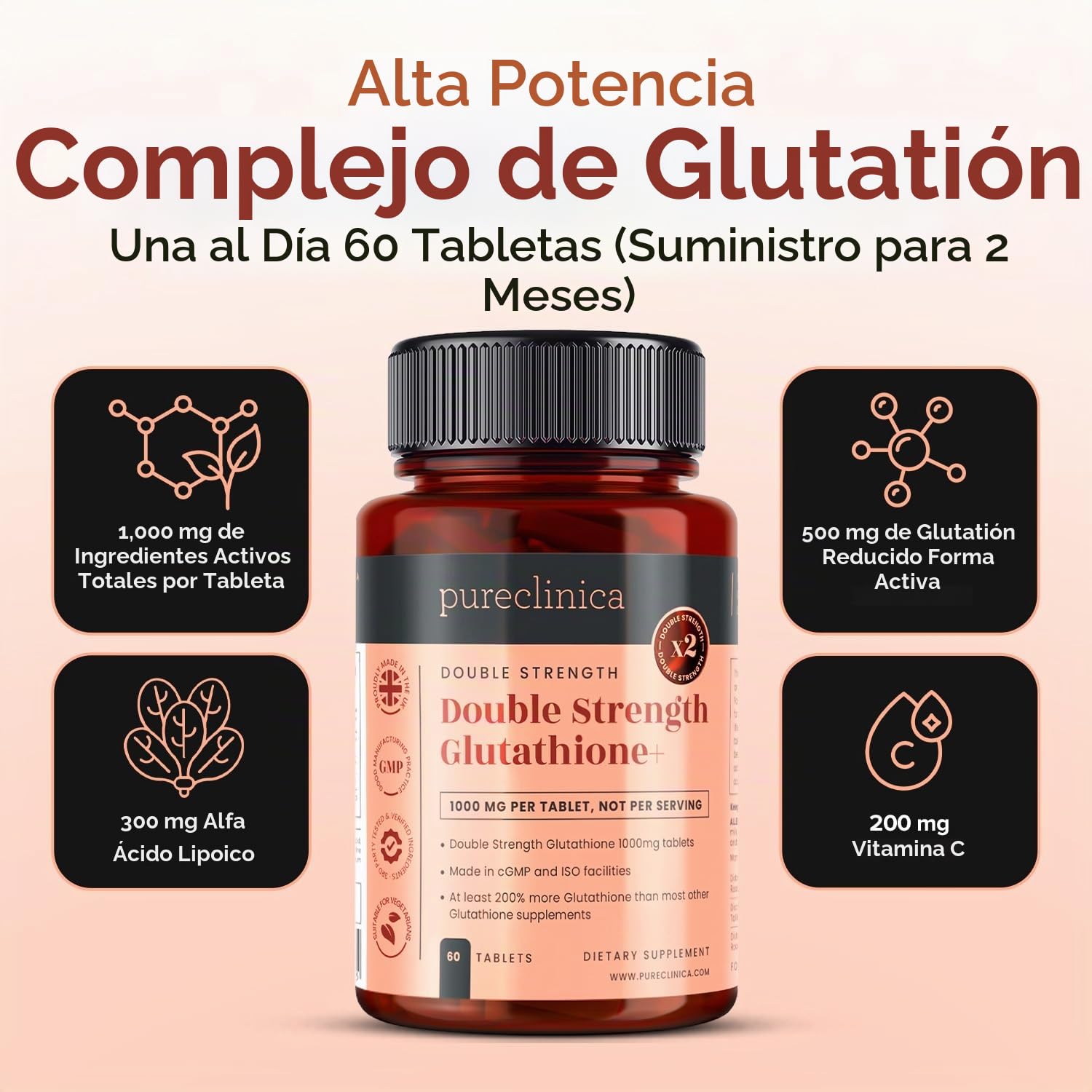 glutathione 1000mg para que sirve pureclinica Glutatión 1000 mg x 60 comprimidos. con 500 mg de glutatión, 300 mg de ALA y 200 mg de vitamina C por tableta. : Salud y Hogar lipovite b12 injections Discover El suplemento de glutatión Whitening and Vitamins Select Quantity:1 Bundle