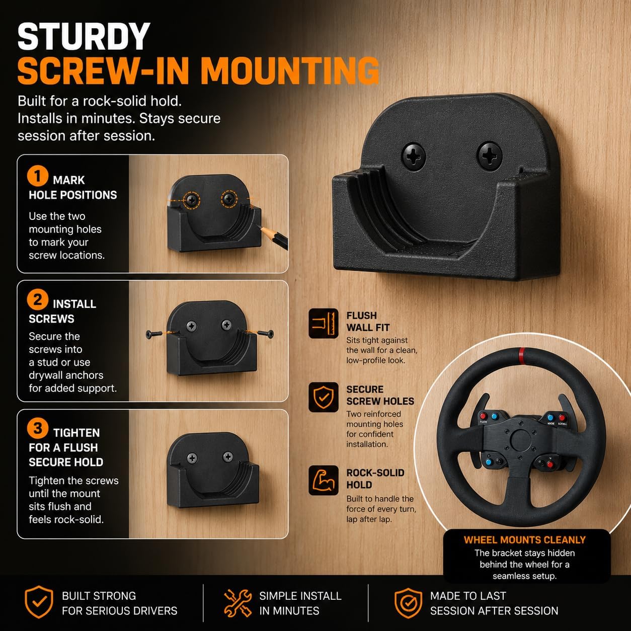 SplashNColor Wall Mount Bracket for Thrustmaster Racing Sim Steering Wheel – Secure Hang and Display Storage | Space-Saving Garage Workshop Organizer | Contoured Cradle Holder for