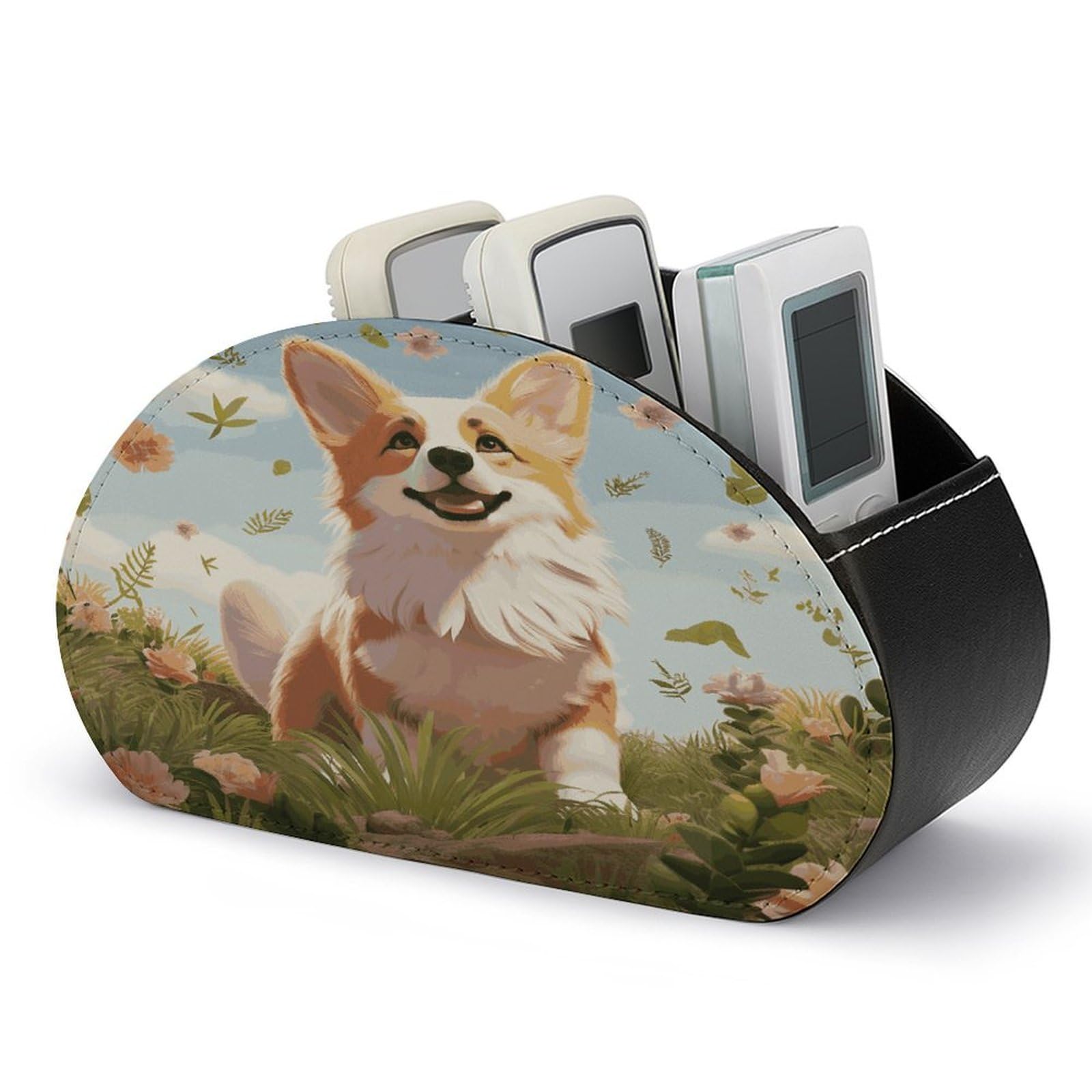 FekiLoot Lovely Corgi Remote Control Holder with 5 Compartments Multi-functional TV Remote Caddy Organizer Leather TV Remote Holder Desktop Organizer Store for Bedside Table Office Desk