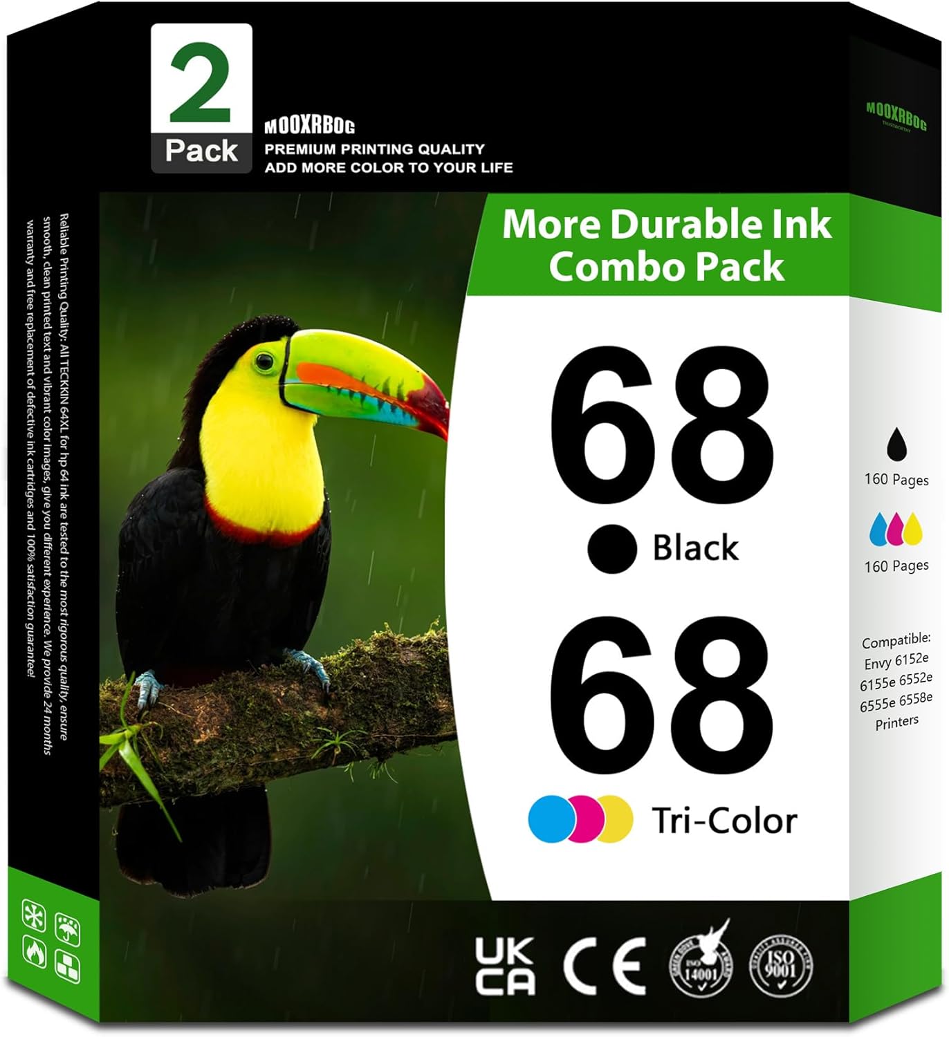 68 Ink Cartridges Combo Pack - 1 Black & 1 Color Replacement for HP 68 Envy 6152e, 6155e, 6552e, 6555e, 6558e Printers 2-Pack (1 Black / 1 Tri-Color)