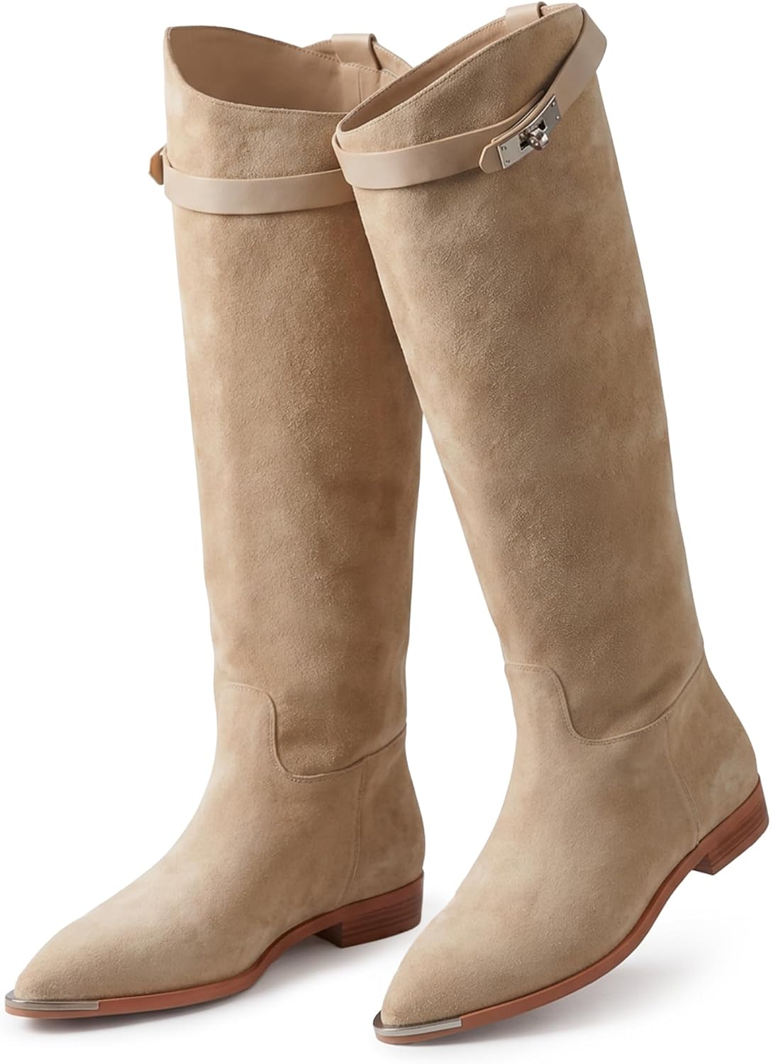 Knee High Boots for Women - Faux Suede Pointed Toe Flat Riding Boots, Low Heel Pull-On Dress Boots for Women, Tall Boots for Work Outfits, Dressy Casual