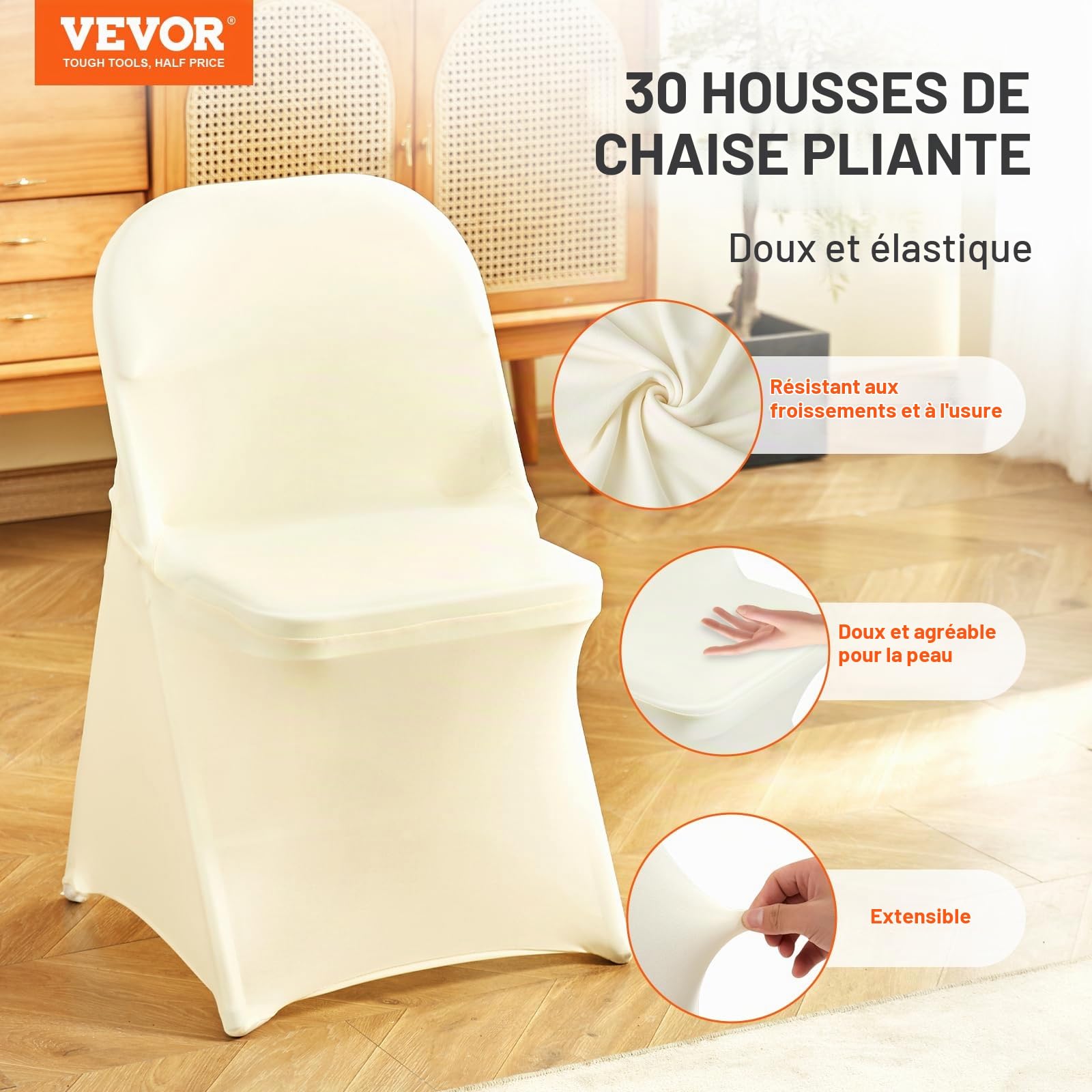 VEVOR Housses de Chaise Pliantes en élasthanne Extensible, Blanc Ivoire, Housses de Protection Universelle, Amovibles et lavables, pour Mariage, Vacances, Banquet, célébration, Salle à Manger, 30 pcs