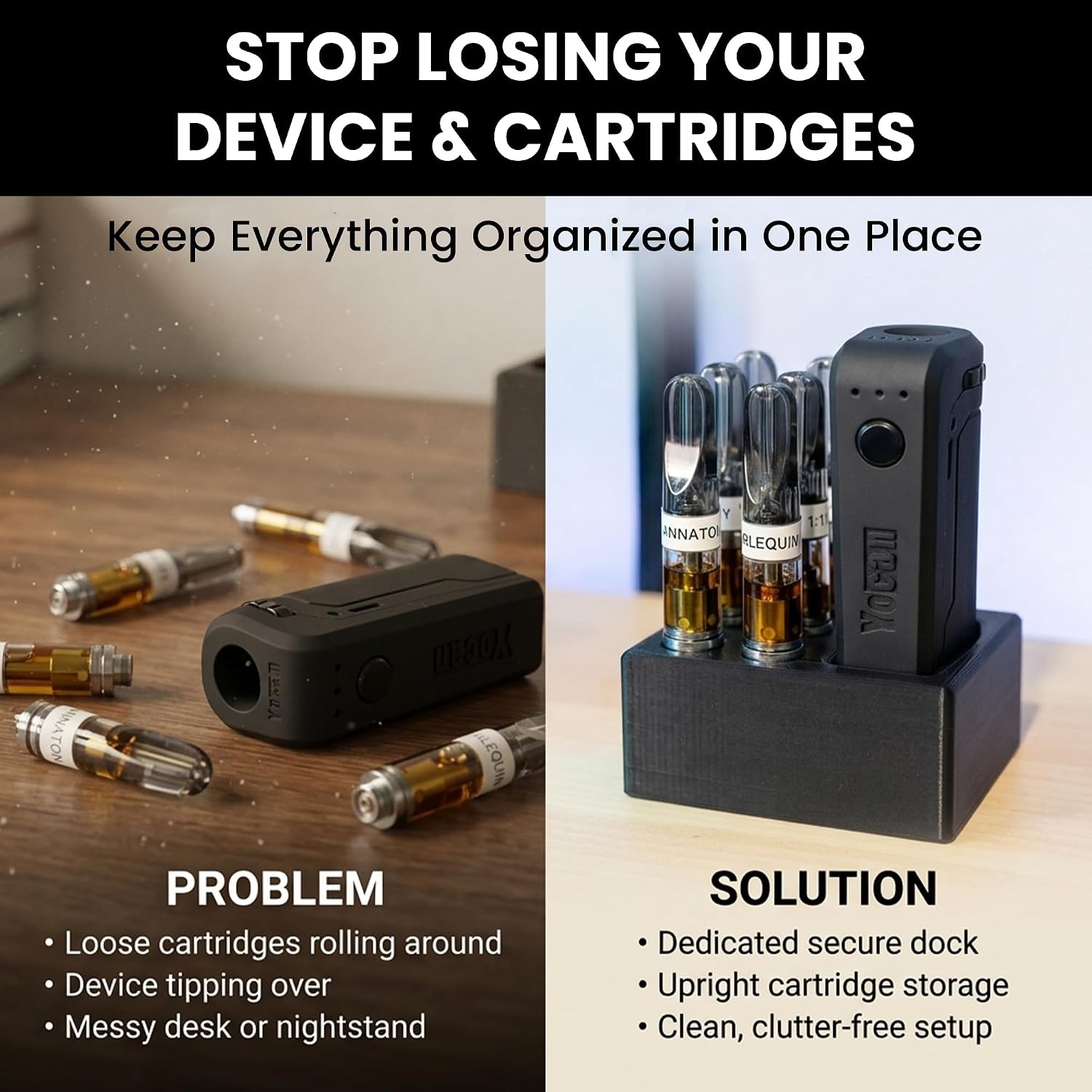 Battery & Cartridge Holder Stand Compatible with Yocan Uni – Freestanding Desktop Organizer | Multi-Slot Storage Dock | Keeps Device and Carts Upright and Organized