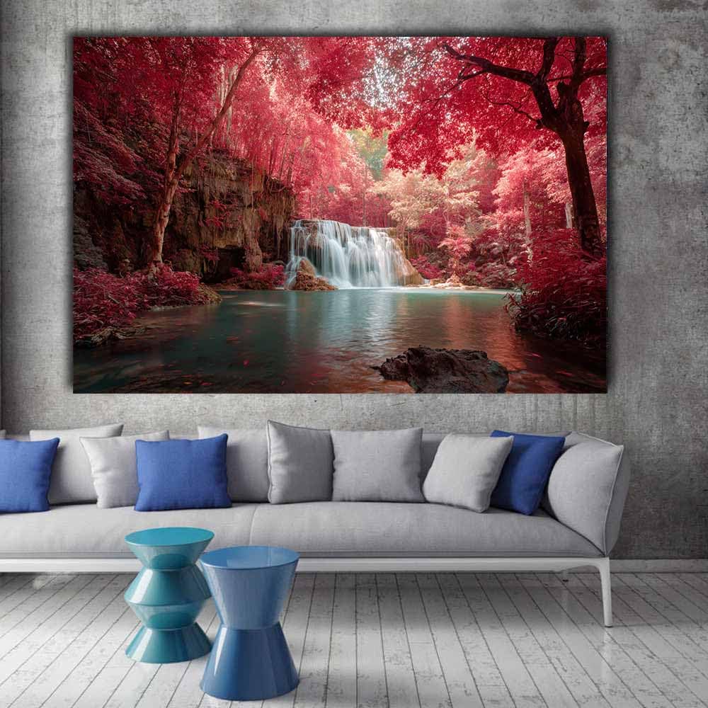 ZAMAEIU Paysage Tableau Sur Toile Forêts pourpres Bassin décorations murales, decoration maison, Convient pour le salon, la chambre, le bureau, etc.(rouge)-70x100cm Encadrée