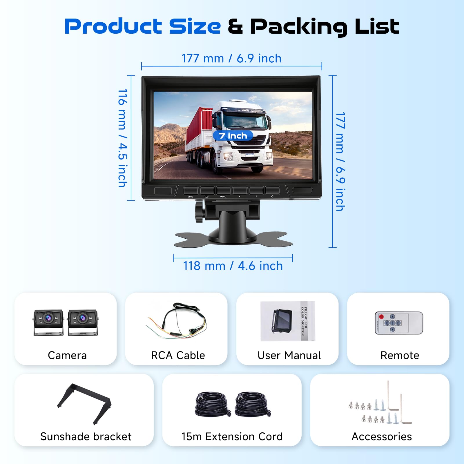 Hodozzy Double Caméra de Recul Kit avec IPS 1080P Moniteur 7 Pouces, IP69 Étanche Vision Nocturne Caméra Arrière, 2 Caméra Recul Filaire 12V-24V pour Voiture, Câble Aviation pour Camion+ Télécommande