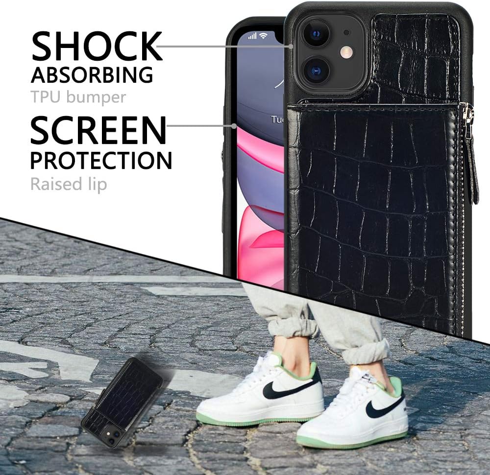 LAMEEKU iPhone 11 Zipper Wallet Case, Crocodile Skin Pattern iPhone 11 Case Wallet, iPhone 11 Credit Card Holder Slot case with Money Pocket, Protective Cover for Apple iPhone 11(2019) 6.1"-Black