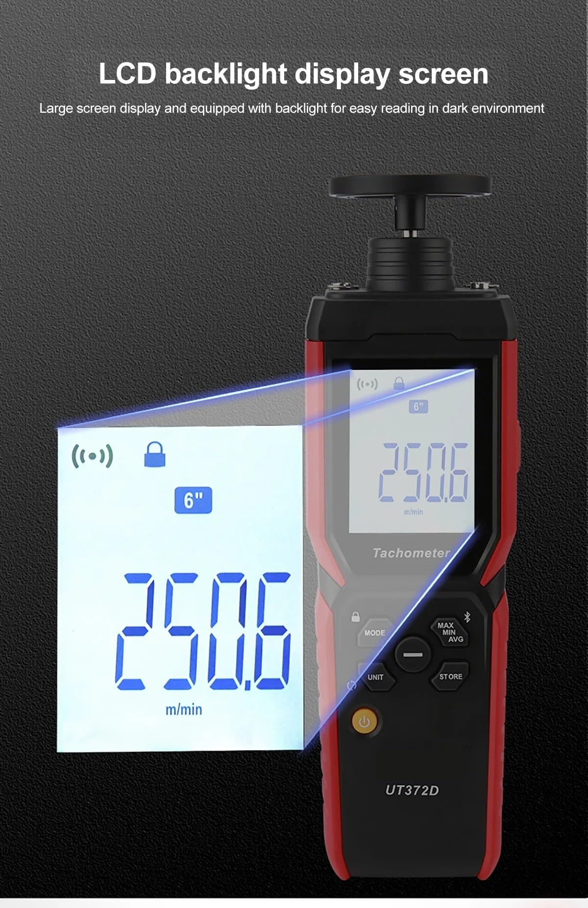Digitaler Drehzahlmesser, UT372D Geschwindigkeits-Drehzahlmesser 2-in-1-Laser-Drehzahlmesser Kontakt Und Berührungslos Tacometro Digitaler Drehzahlmesser Spin 1 Bis 19999 U/min,LCD-Display