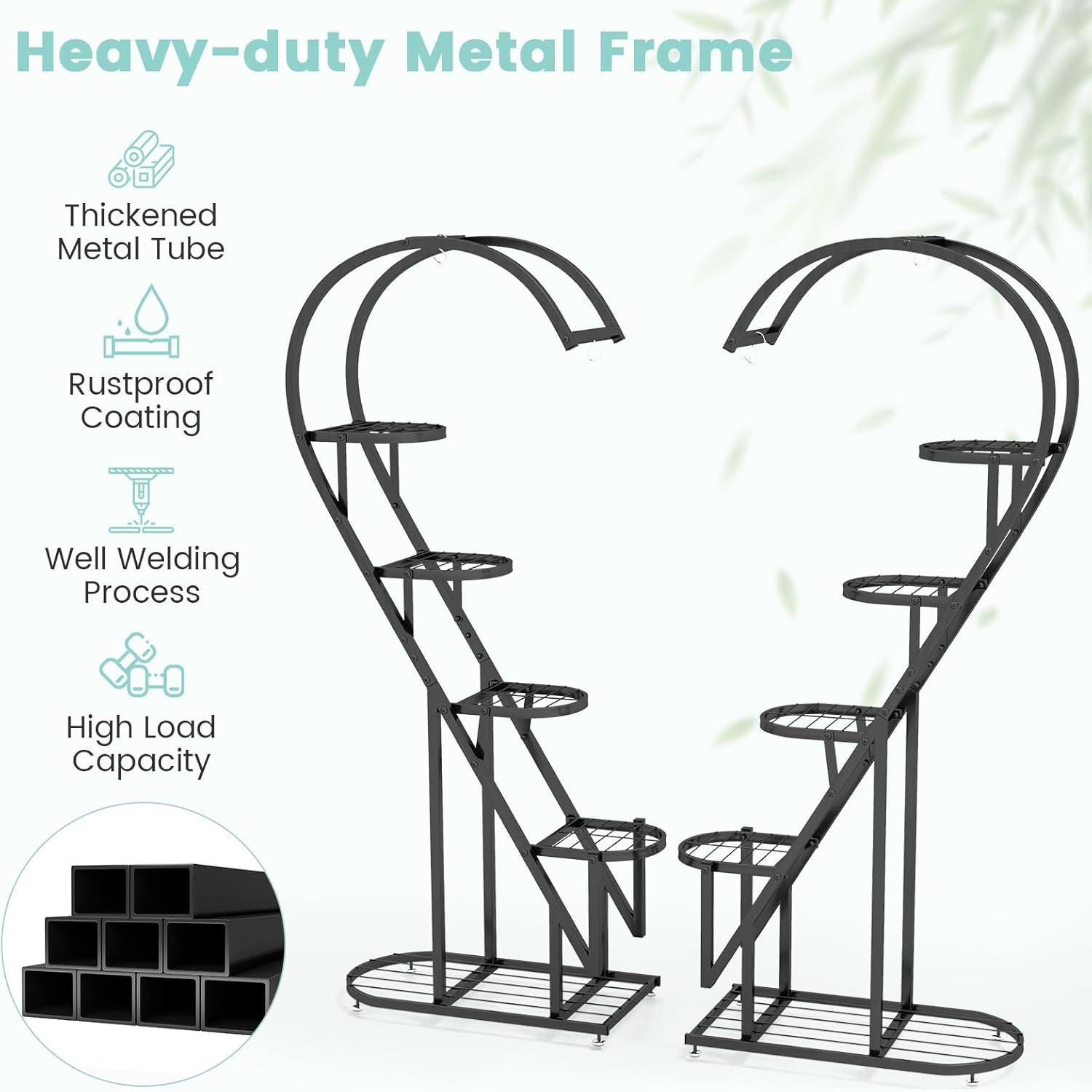 5 Tier Plant Stand, 2 Pack Heart Shaped Plant Stand Indoor Plant Stands for Multiple Plants, Metal Plant Stands with Hanging Hook Plant Shelf Outdoor for Home Decor, Living Room & Balcony