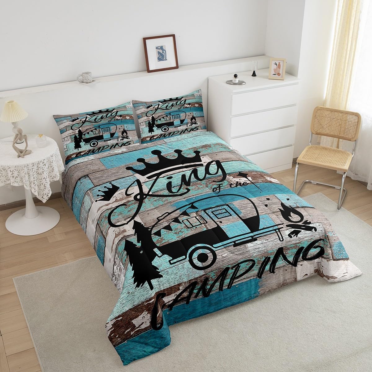 Feelyou Camping Comforter Set for Kids Boys Girls Wood Grain Comforter Full Size King Print Bedding Set Bedroom Decor Happy Camping Duvet Set Quilt Set 3Pcs