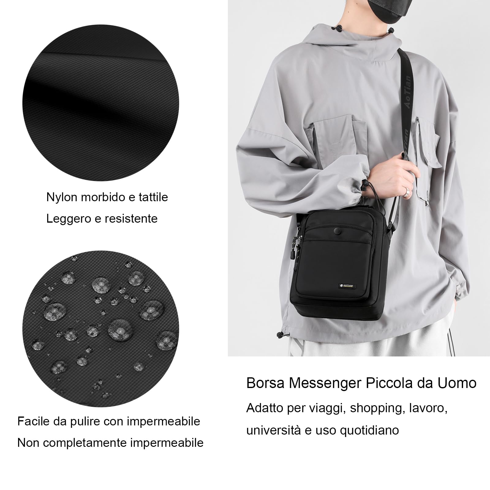 Borsa a tracolla da uomo piccola borsa a tracolla in nylon da lavoro impermeabile leggera casual nera borsa da messaggero per lavoro viaggi all'aperto