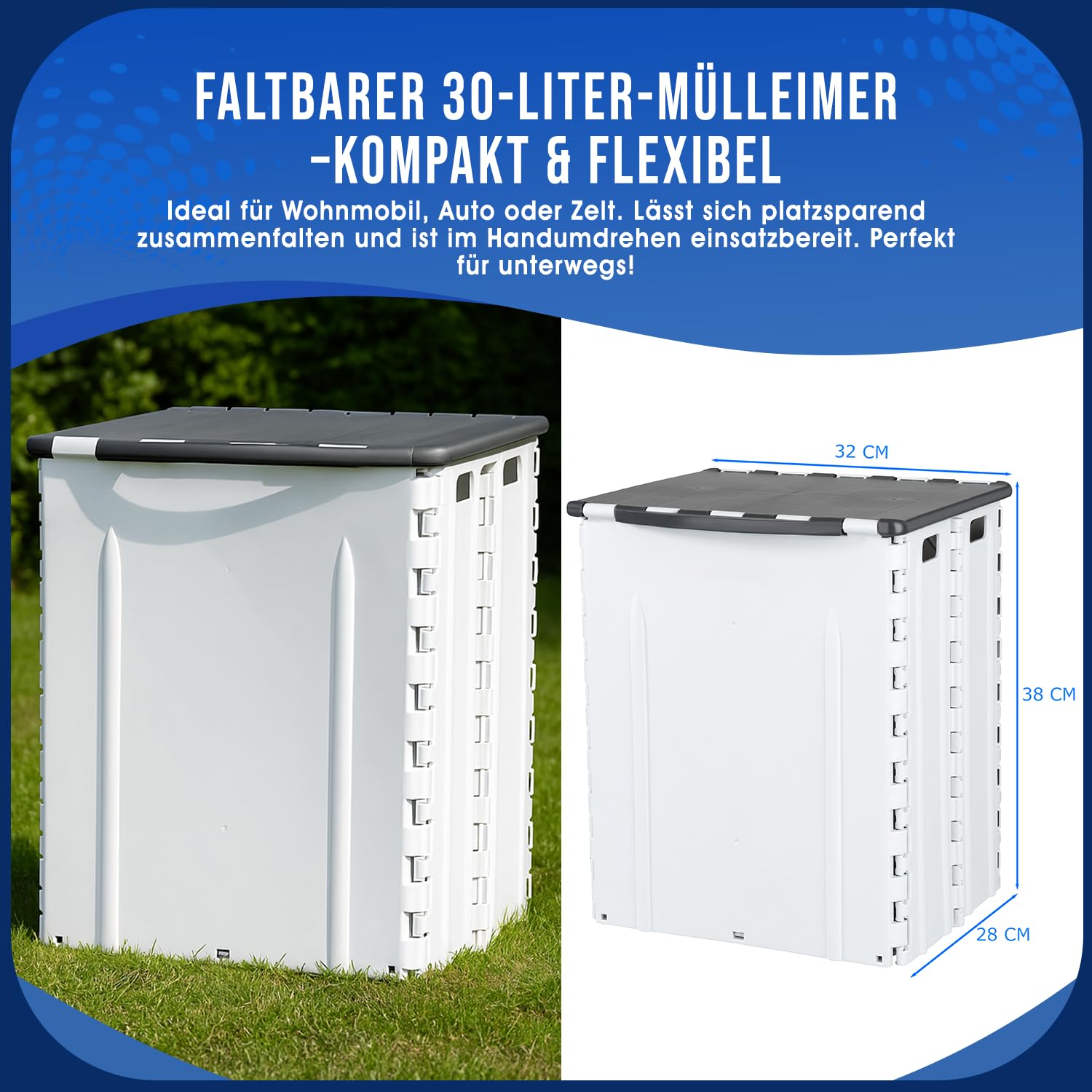 RheinParts Faltbarer Mülleimer 30L mit Deckel – Klappbarer Abfalleimer Camping, Wohnmobil & Outdoor – platzsparend, stabil, tragbar – Müllbehälter faltbar für Garten, Strand & Festival Küche, Haushalt & Wohnen