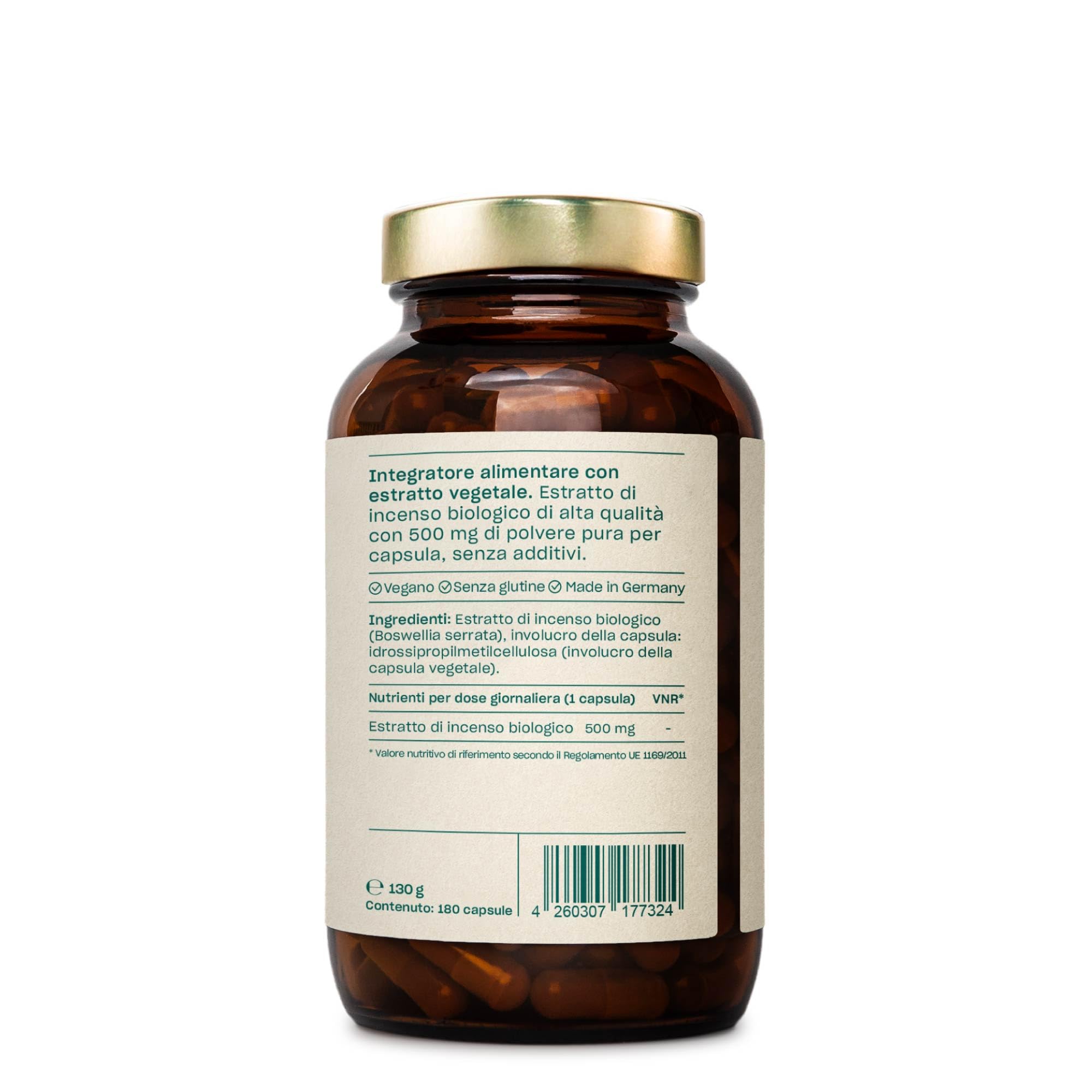 Capsule di incenso biologico - 180 capsule ad alto dosaggio / 500 mg di estratto di incenso biologico per dose giornaliera/Integratore alimentare ayurvedico di alta qualità/Vegano e sostenibile